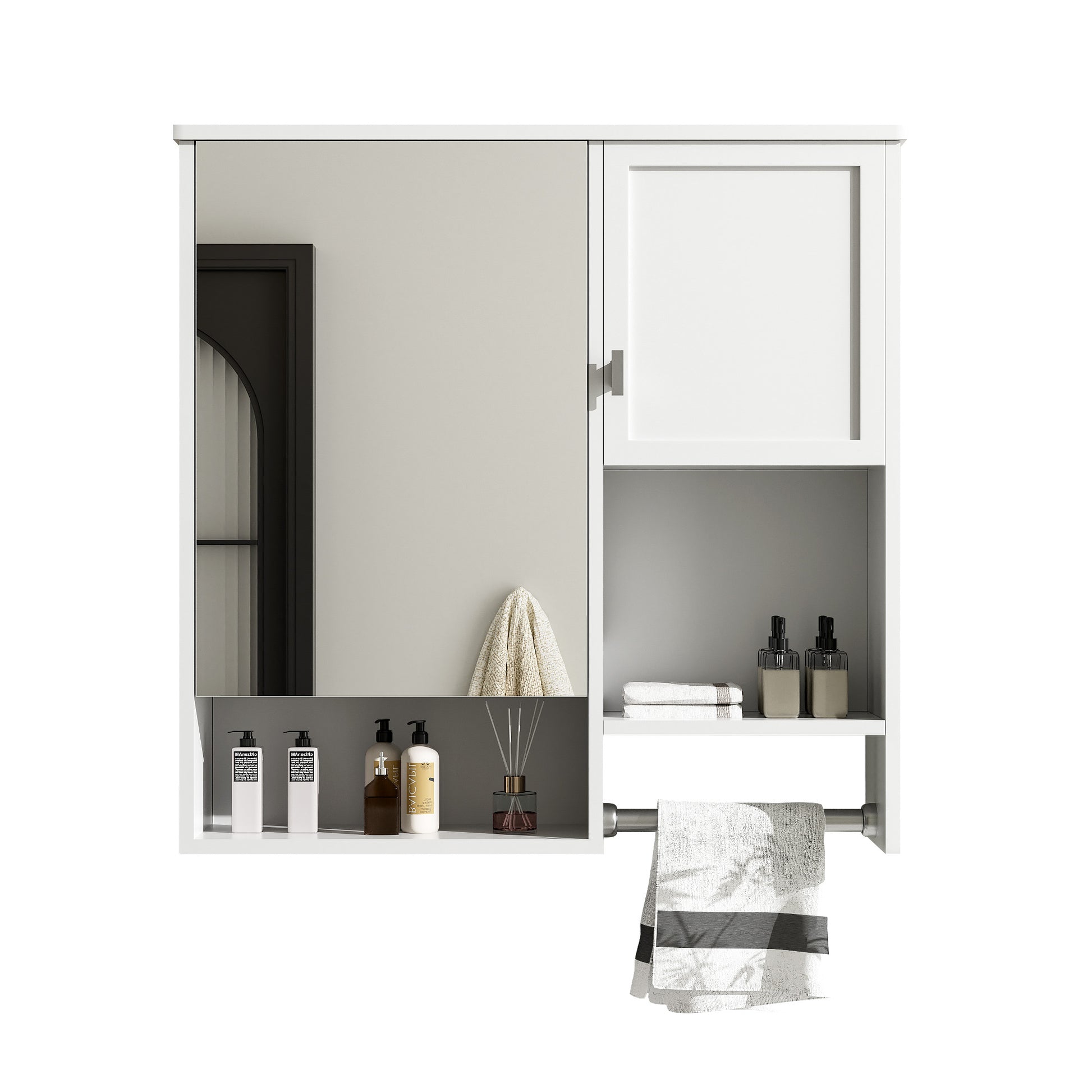 White bathroom medicine cabinet with mirrored door and open shelving