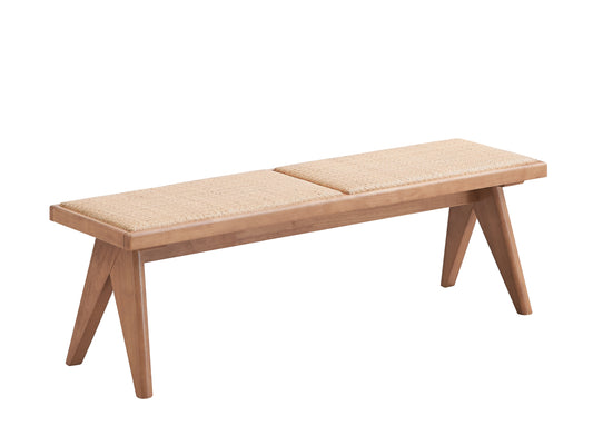 Natural wood bench with woven seat and angled legs