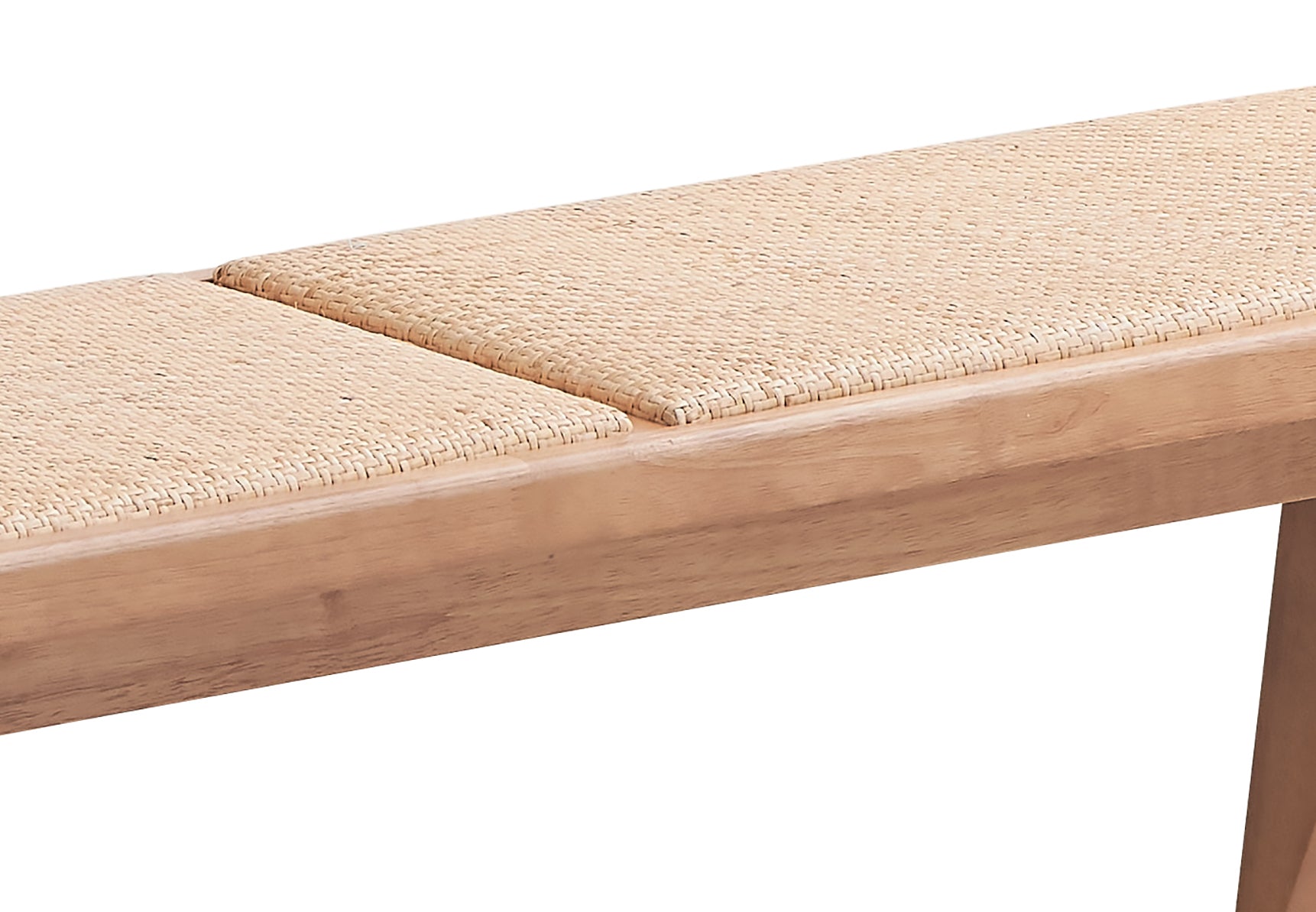 Natural woven rattan bench seat with a light wood frame