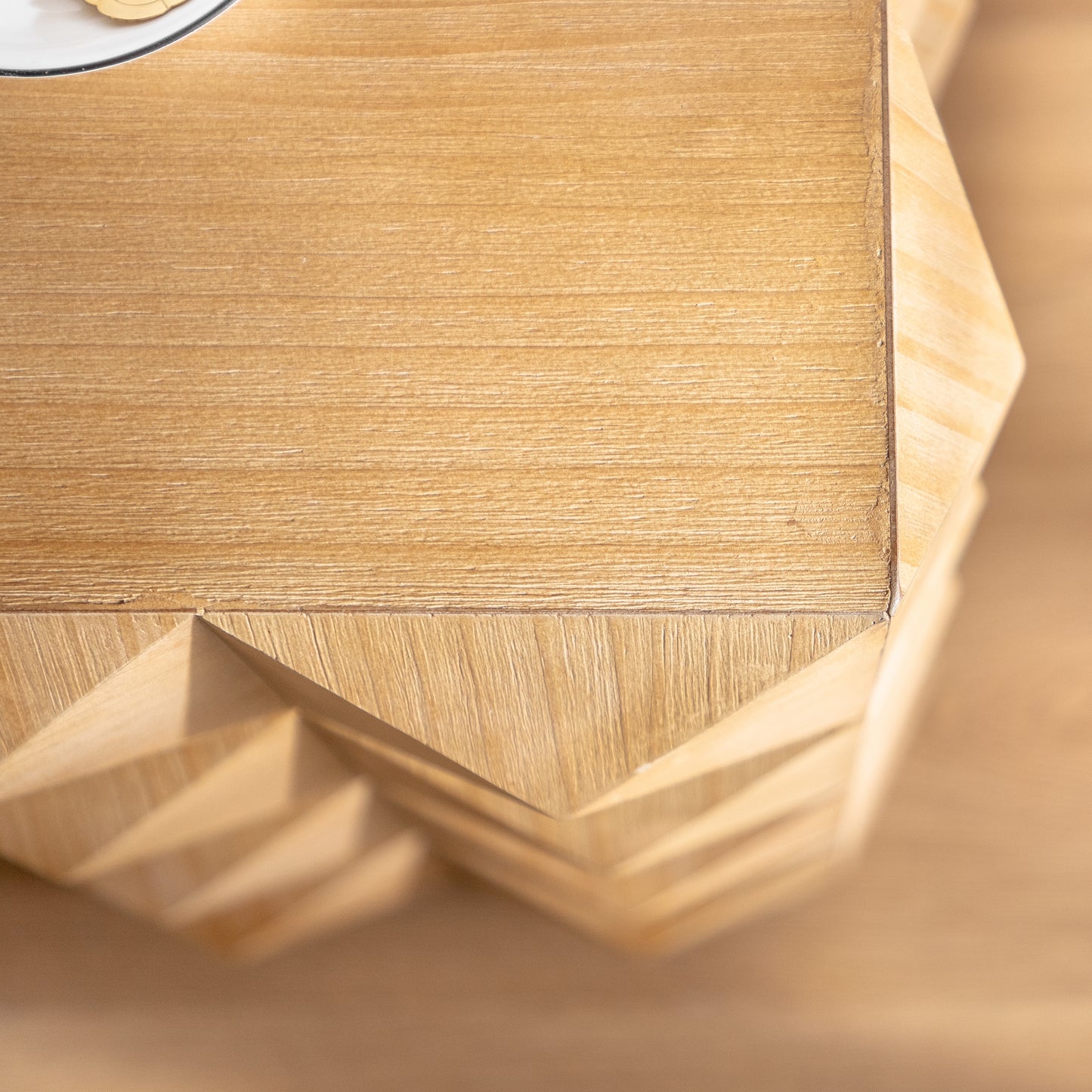 Light oak wood textured side table with geometric carved details modern design