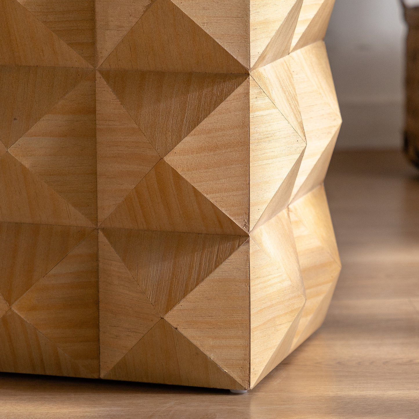Geometric natural wood accent table with faceted design