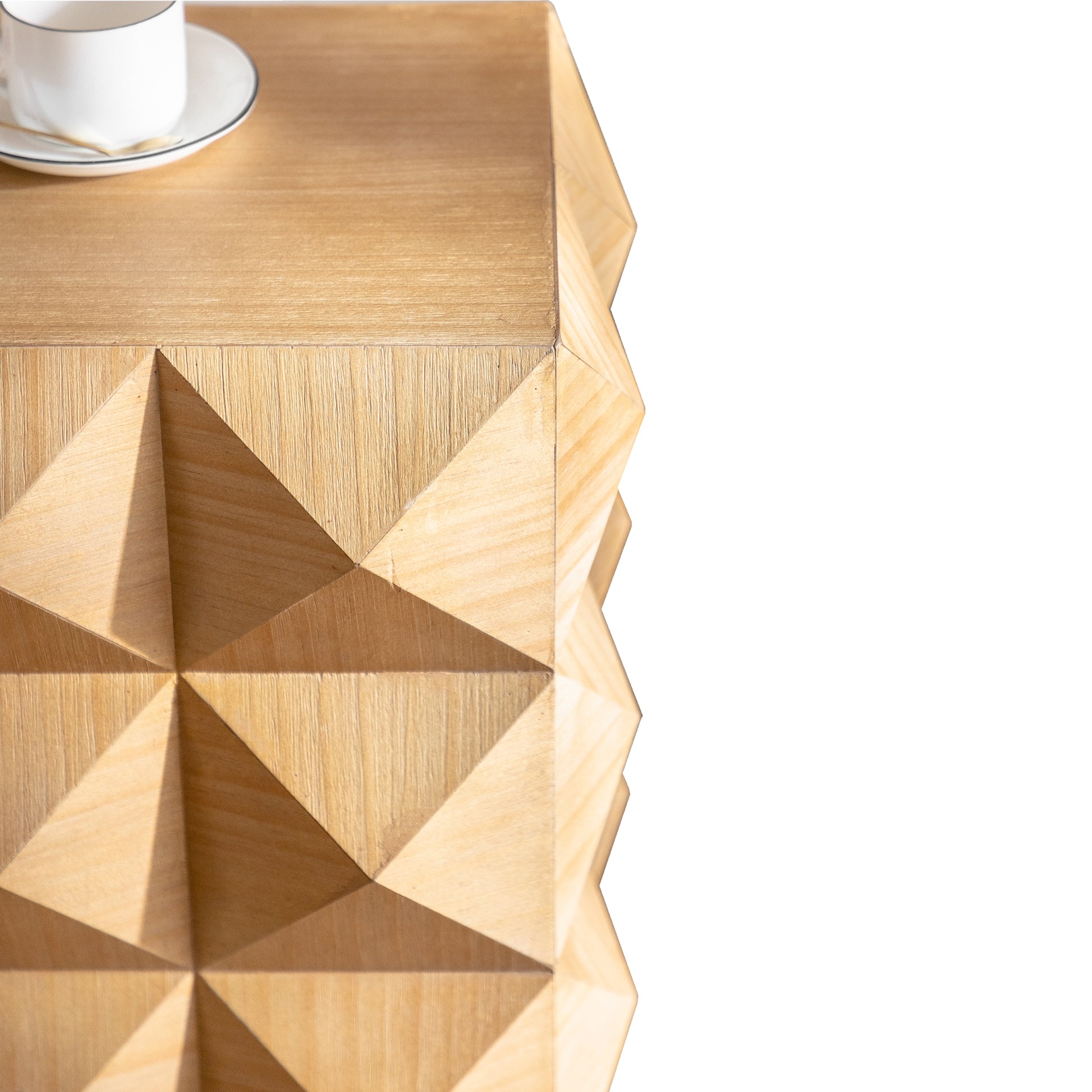 Textured wood side table with a geometric faceted design
