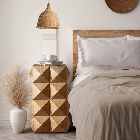 Textured wooden nightstand with geometric pattern perfect for modern bedroom decor