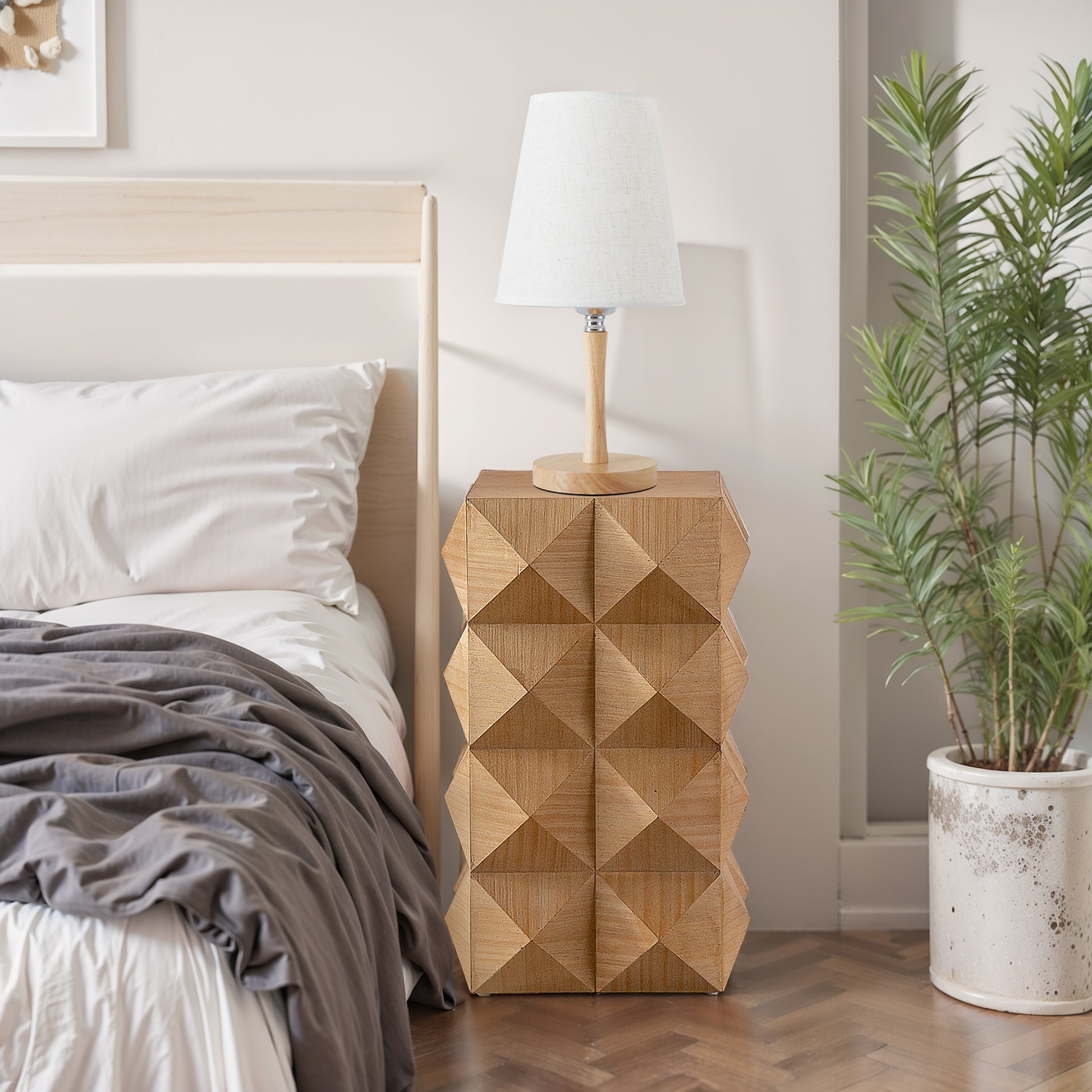 Geometric wood accent table with a faceted design perfect for modern bedroom decor