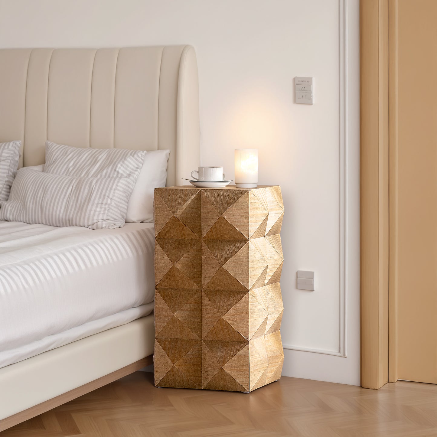 Textured wood geometric side table with faceted design and a minimalist aesthetic
