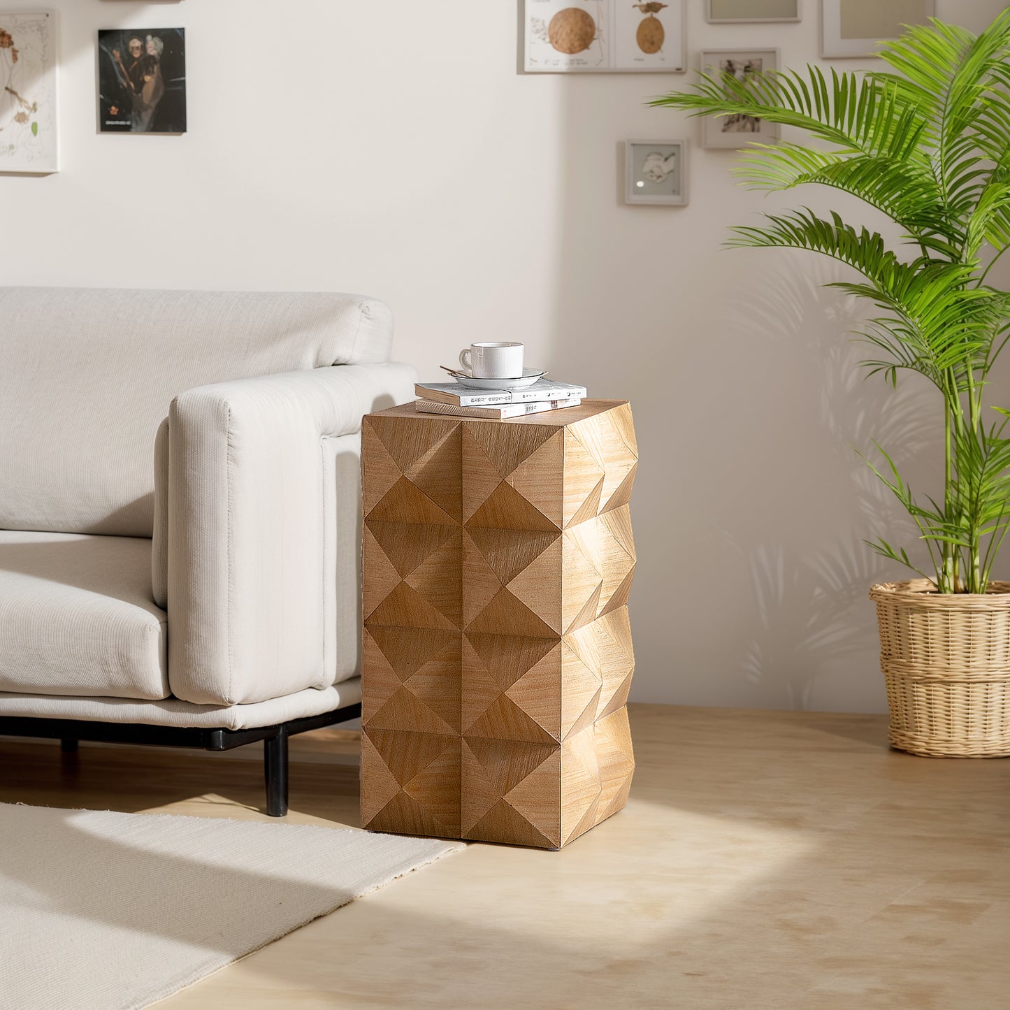 Geometric wood accent table with faceted design perfect for modern living rooms