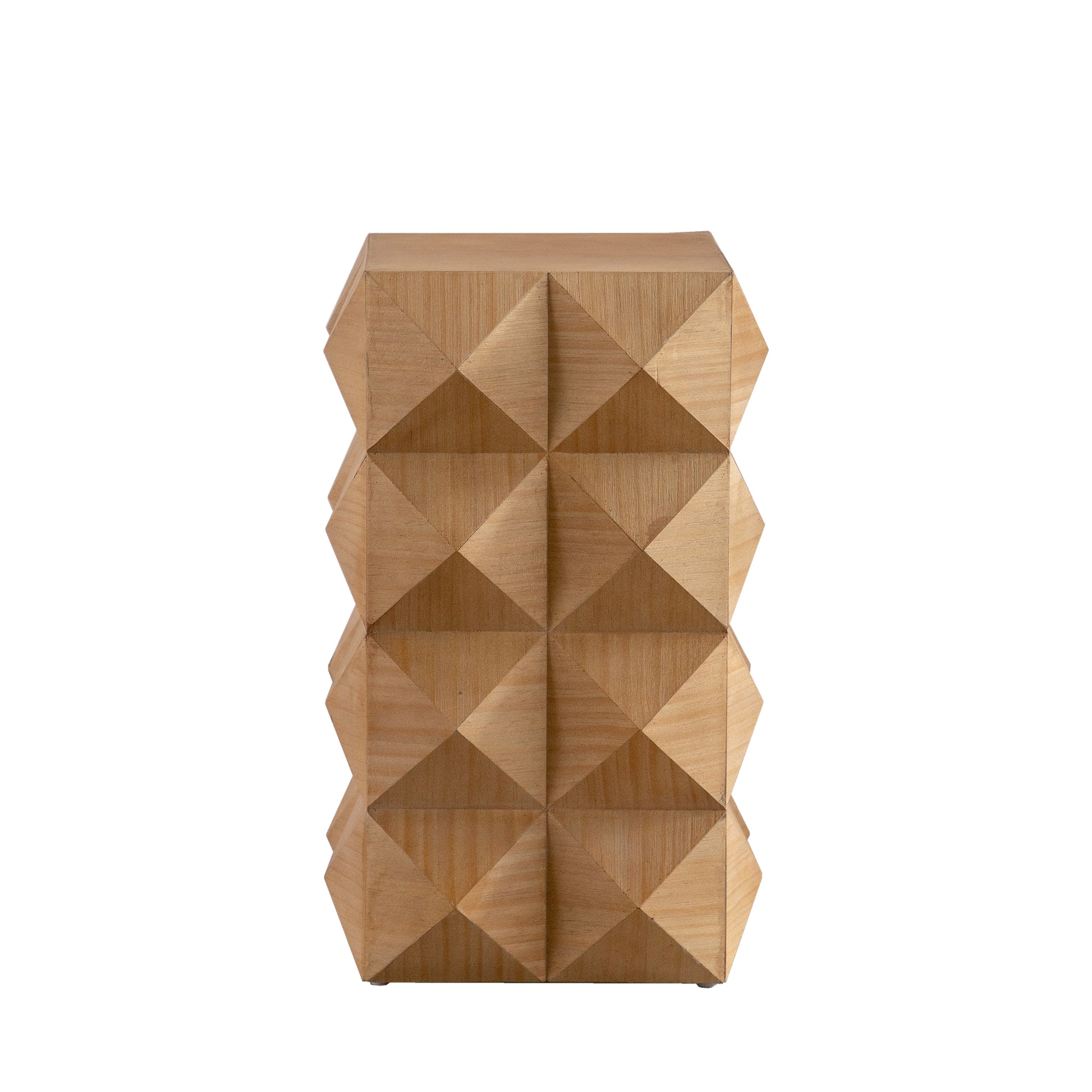 Geometric wood accent table with faceted wooden panels Perfect bedside table