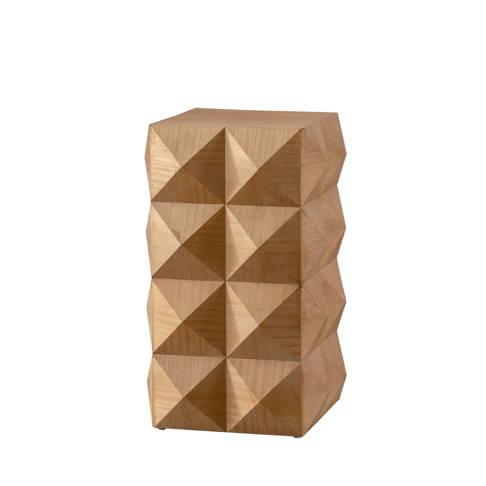 Geometric wood accent stool with faceted design natural wood finish