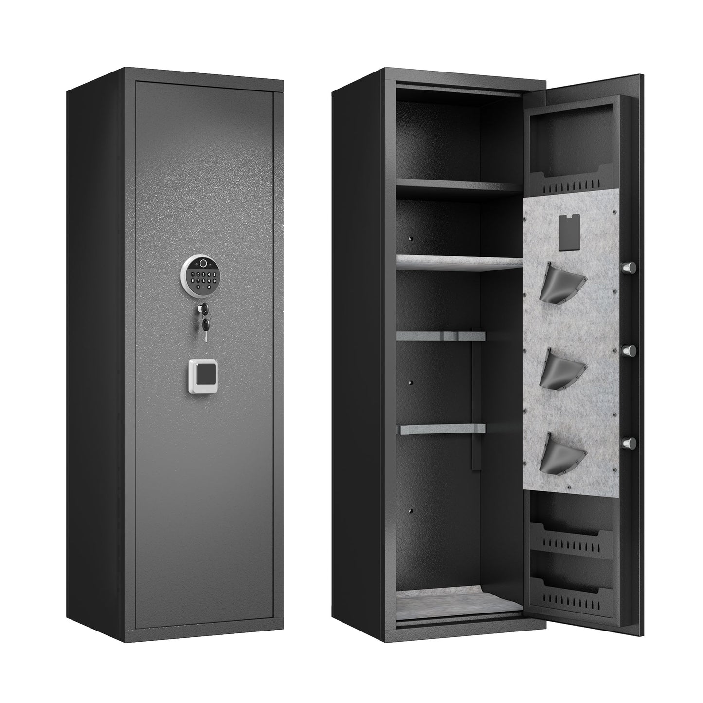 Dark gray steel safe with digital keypad and key lock for home security