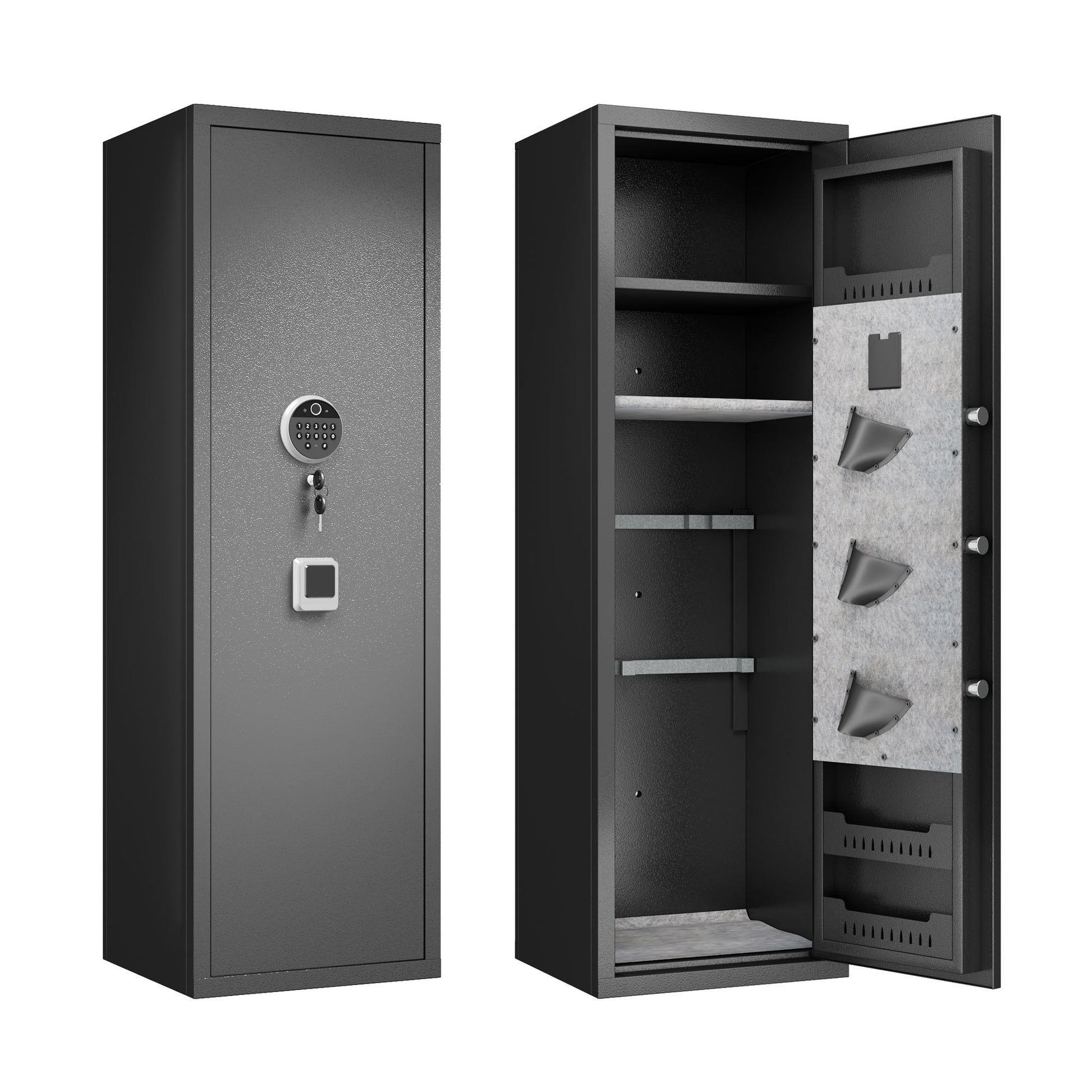 Dark gray steel safe with digital keypad and key lock for home security