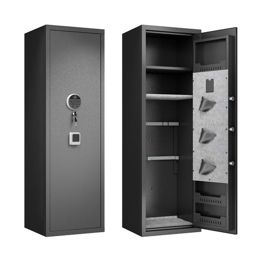 Dark gray steel safe with digital keypad and key lock for home security
