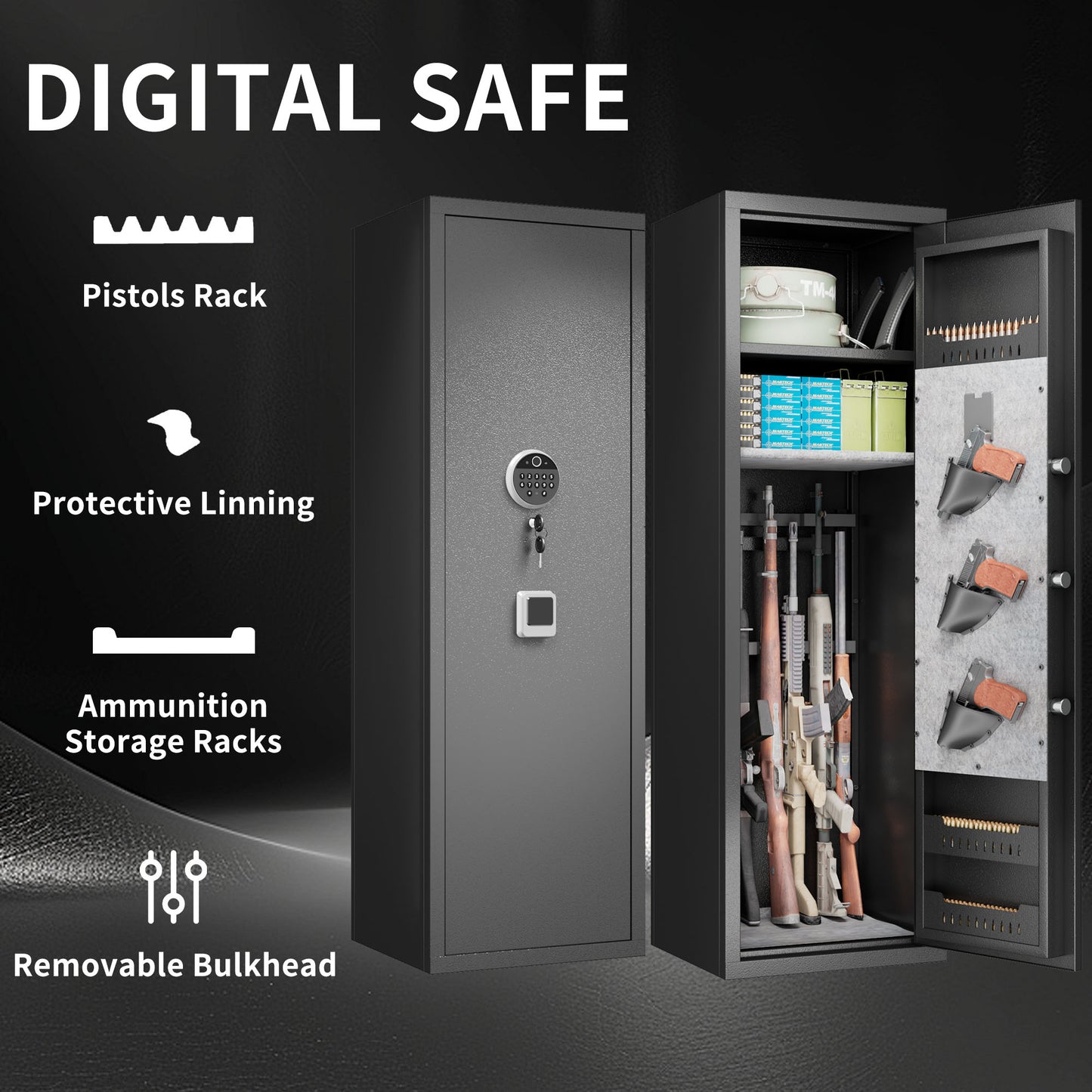 Tall grey digital safe with electronic keypad and keys open to reveal guns