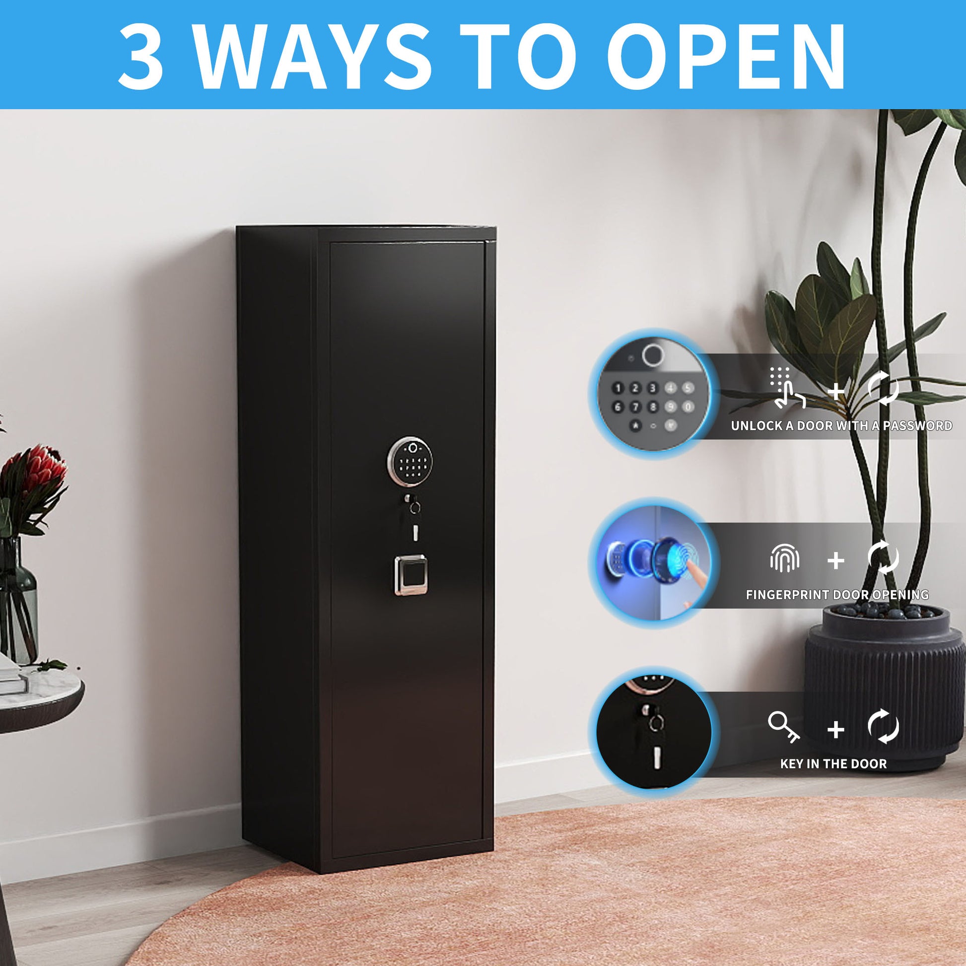 Black electronic safe with keypad and fingerprint scanner for secure home storage