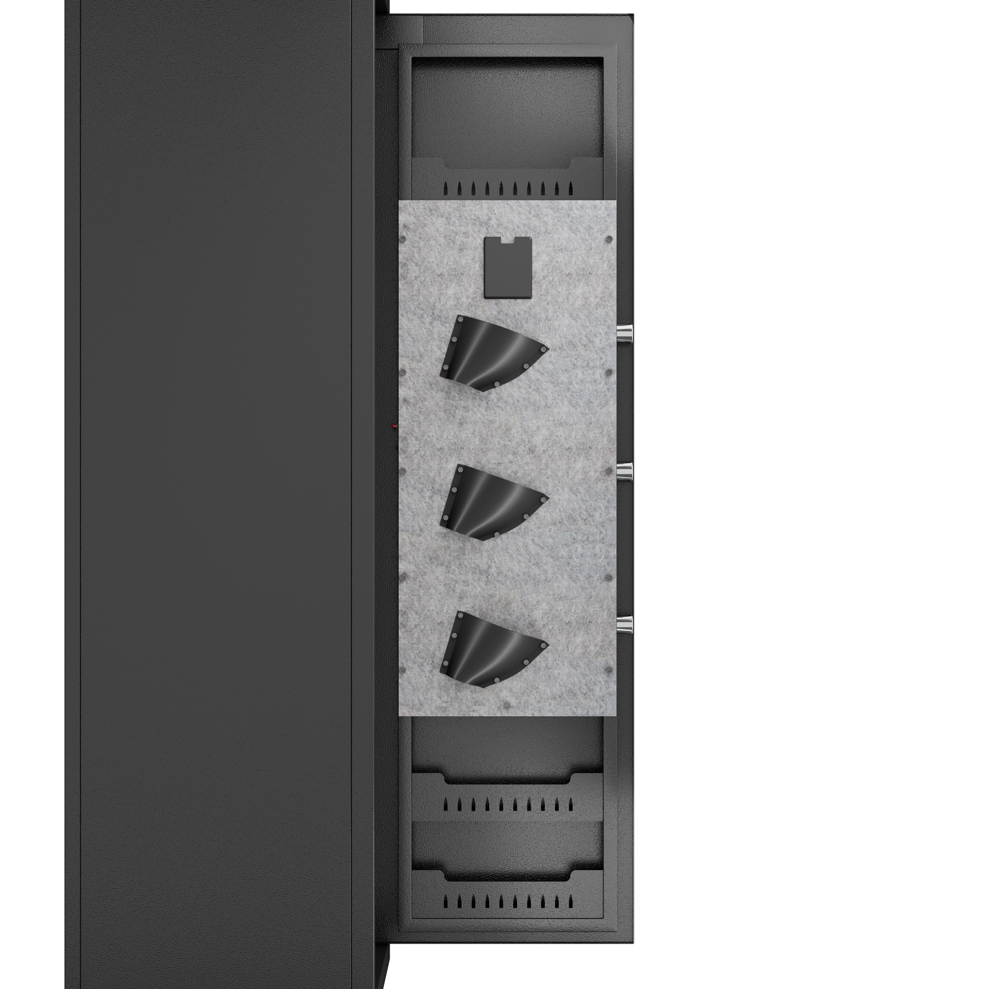 Black metal handgun safe with padded interior and multiple storage slots