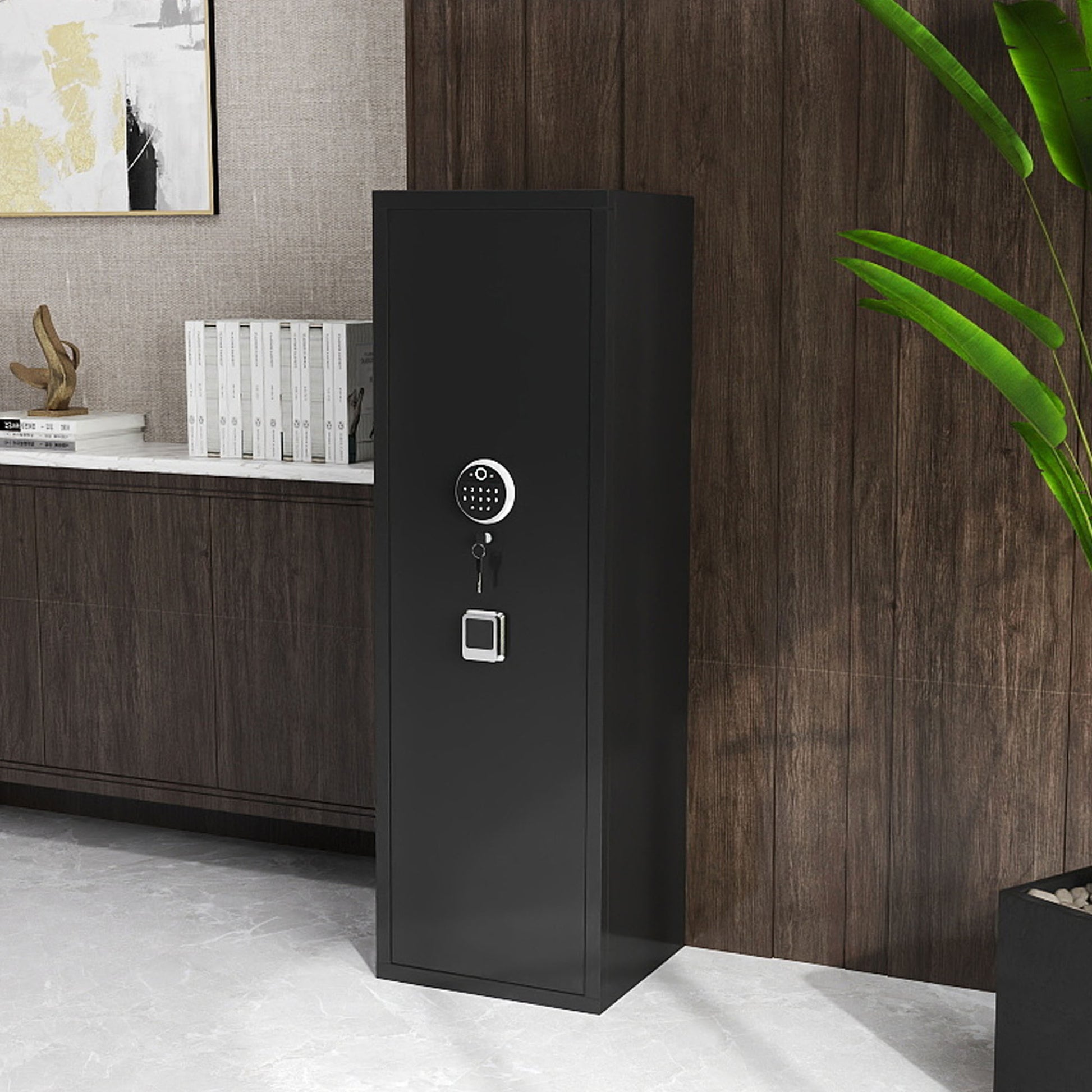Black digital safe with key lock featuring keypad and dual keys for enhanced security