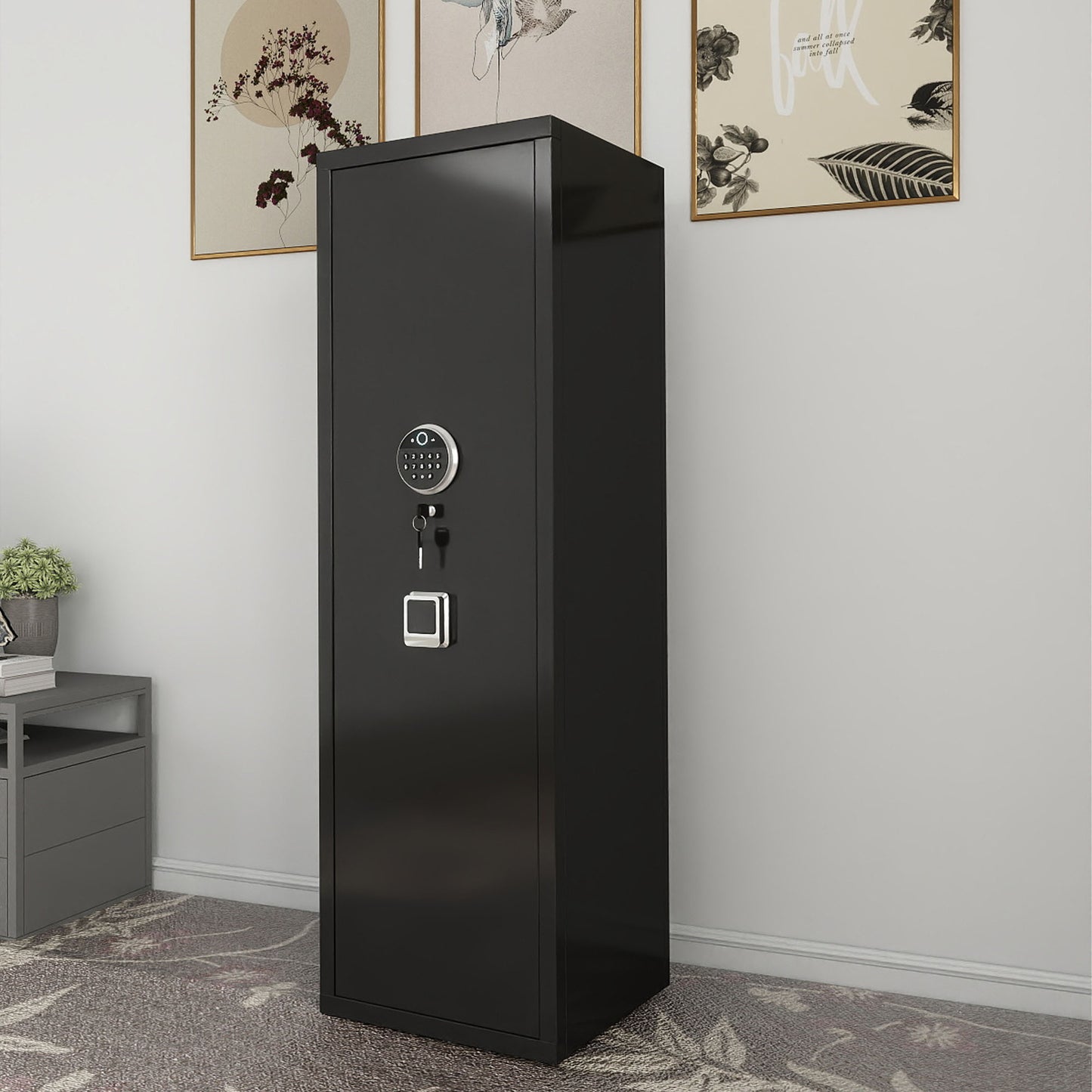 Black steel tall safe with digital keypad and dual key lock for home security