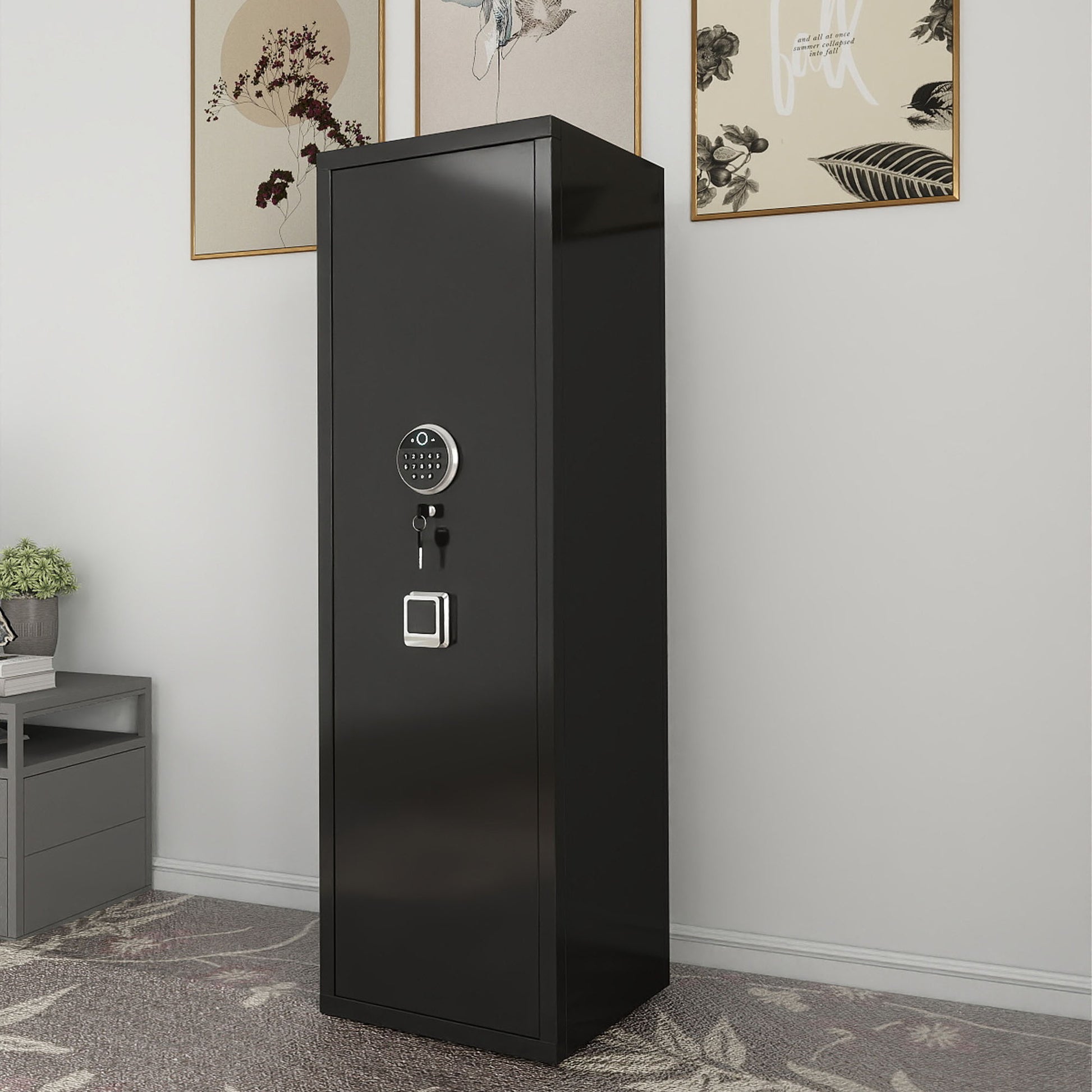 Black steel tall safe with digital keypad and dual key lock for home security