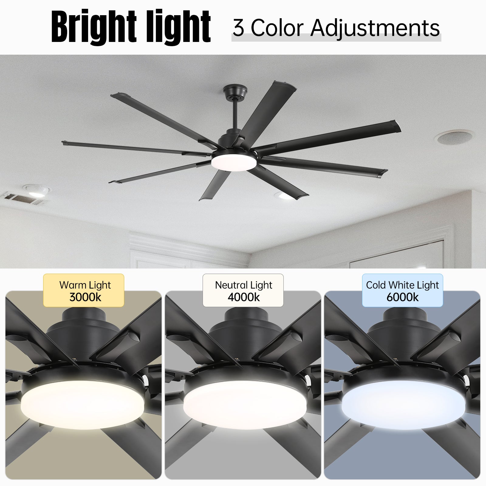 Black blade ceiling fan with integrated LED light showing warm white setting