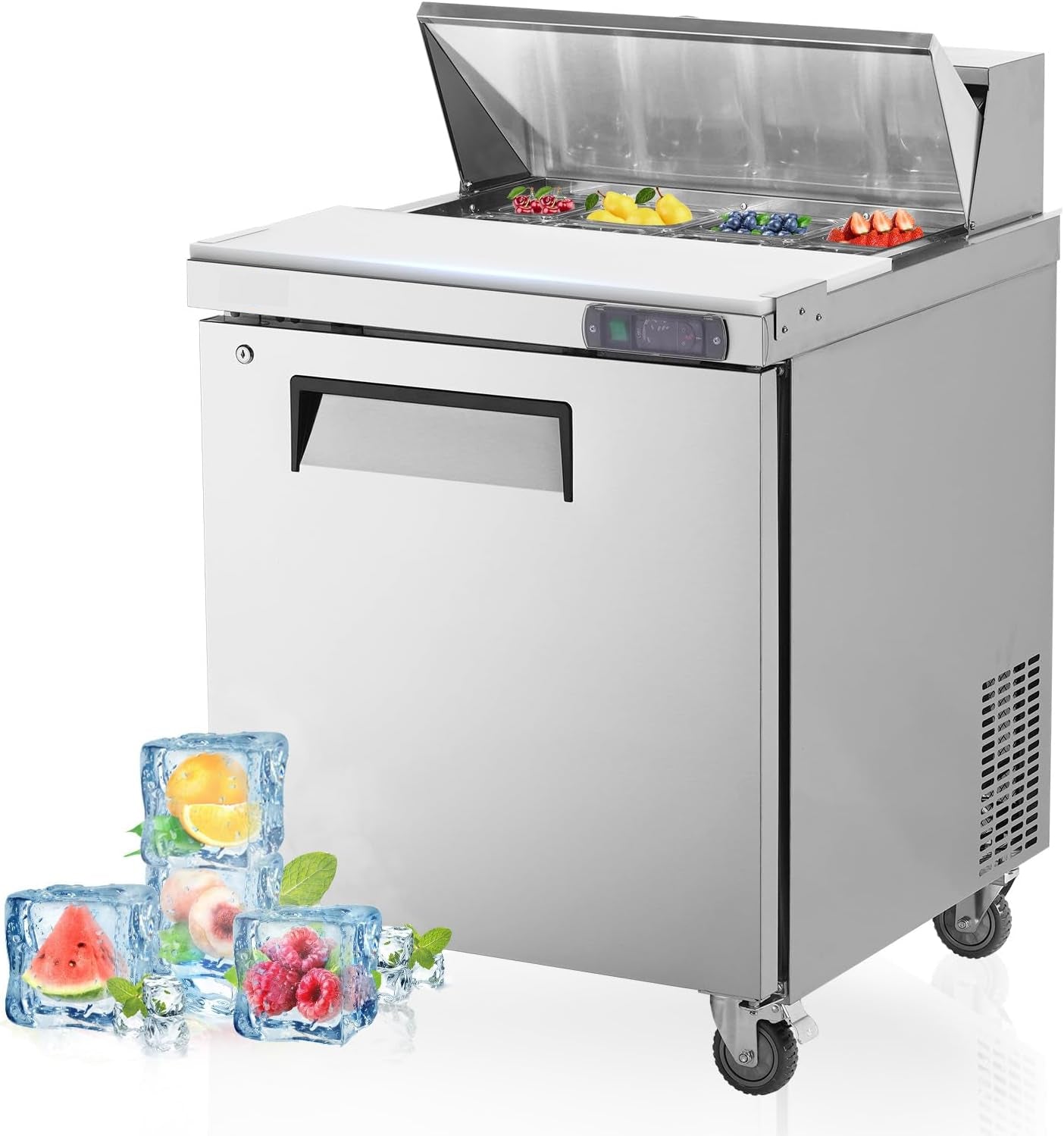 Stainless steel refrigerated salad bar with clear lid and fresh fruit