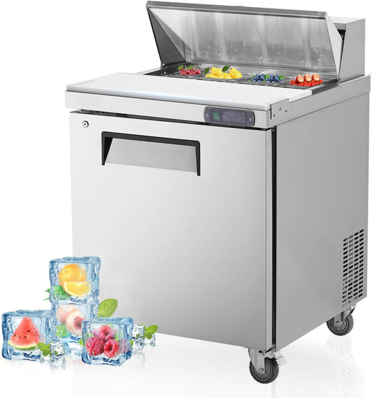 Stainless steel refrigerated salad bar with clear lid and fresh fruit