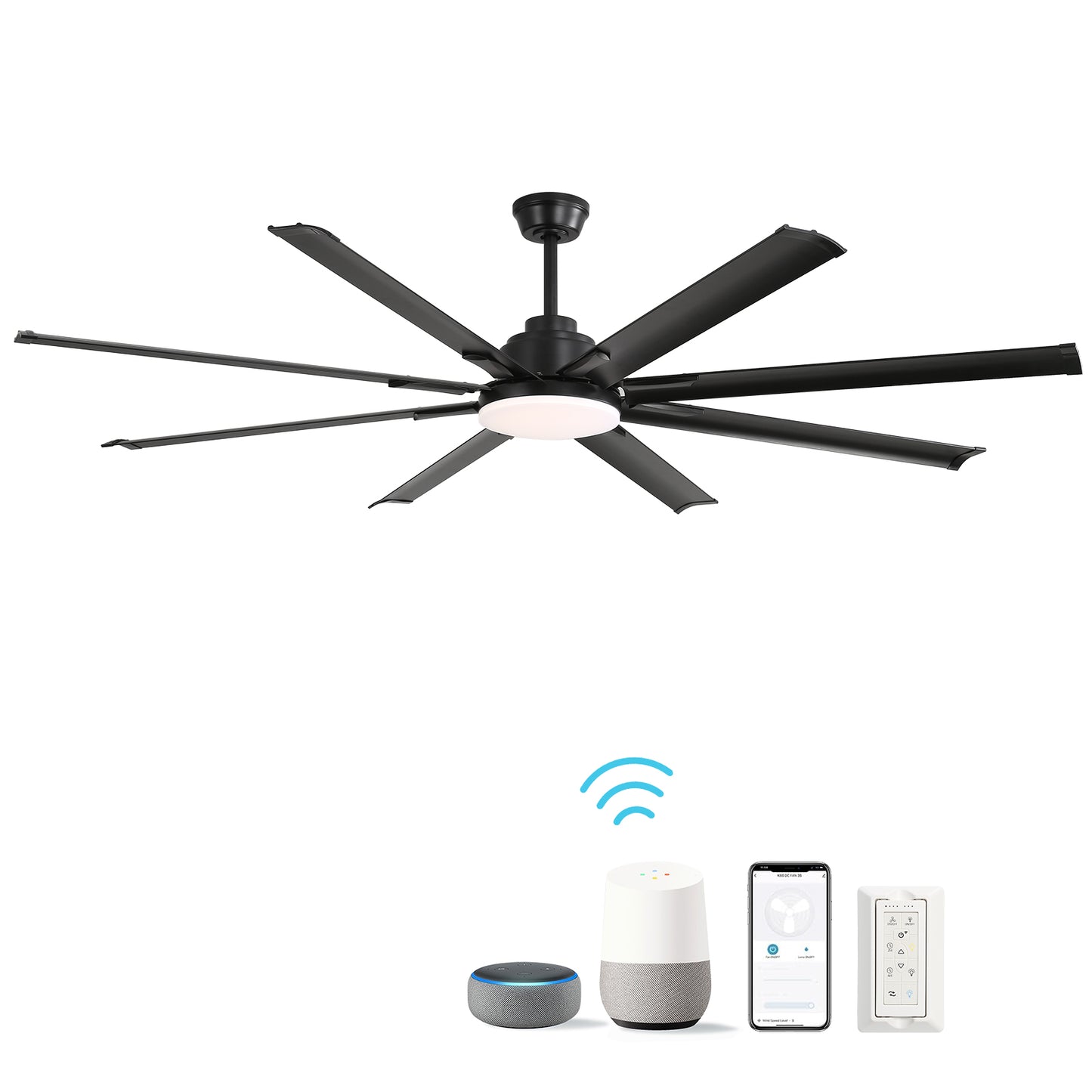 Large black modern ceiling fan with  blades and integrated LED light