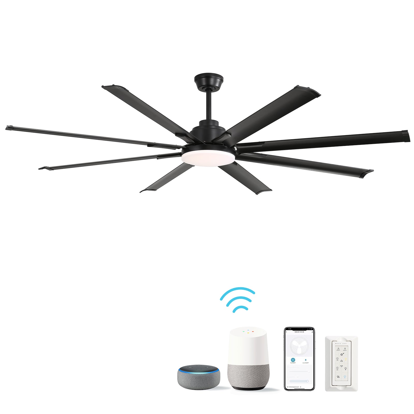 Large black modern ceiling fan with  blades and integrated LED light