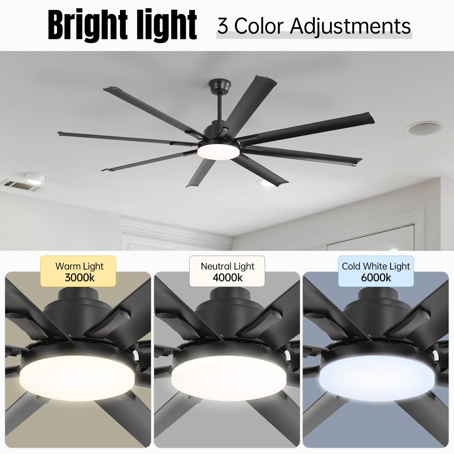 Black contemporary ceiling fan with  blades and integrated LED light showcasing  color temperature adjustments