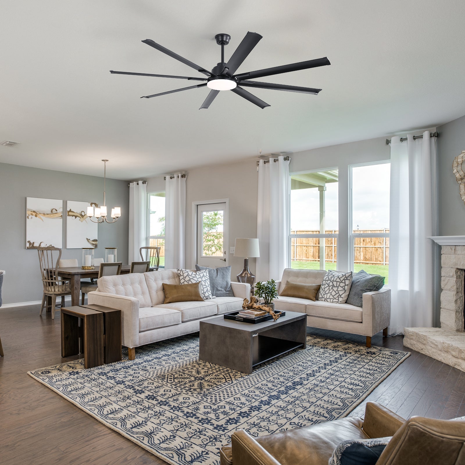 Black modern ceiling fan with  blades and integrated LED light