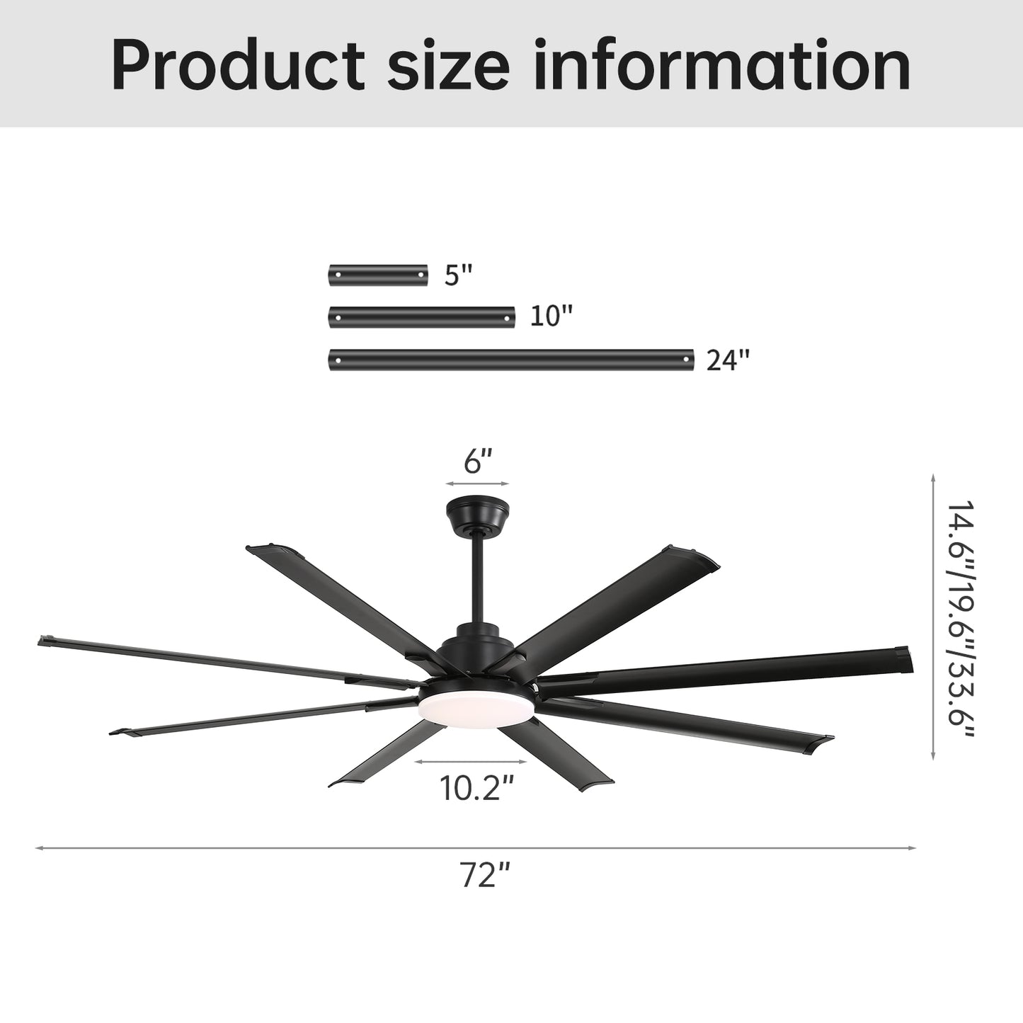 Black inch blade modern ceiling fan with integrated LED light and downrods