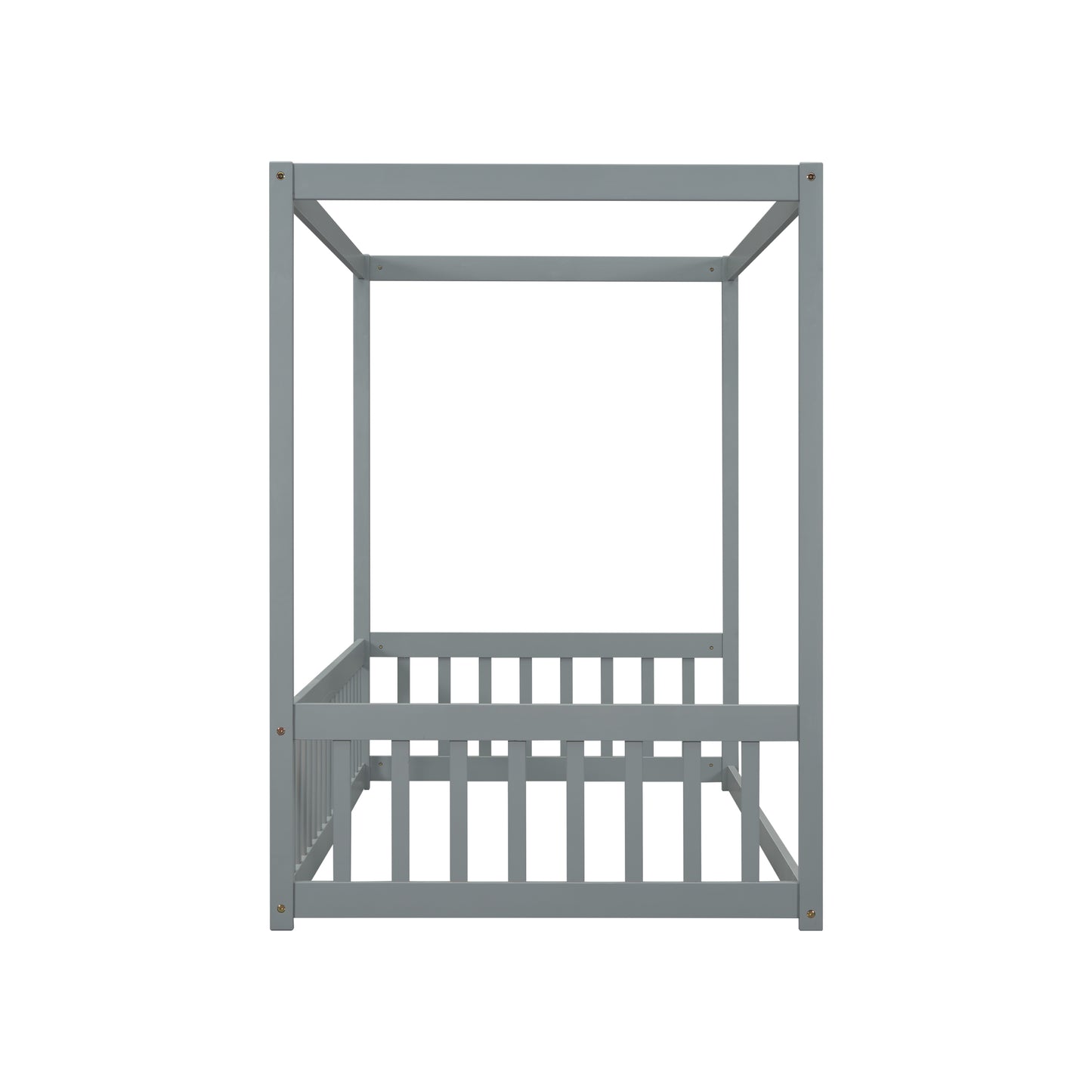 Gray wooden canopy bed frame with slatted sides and posts