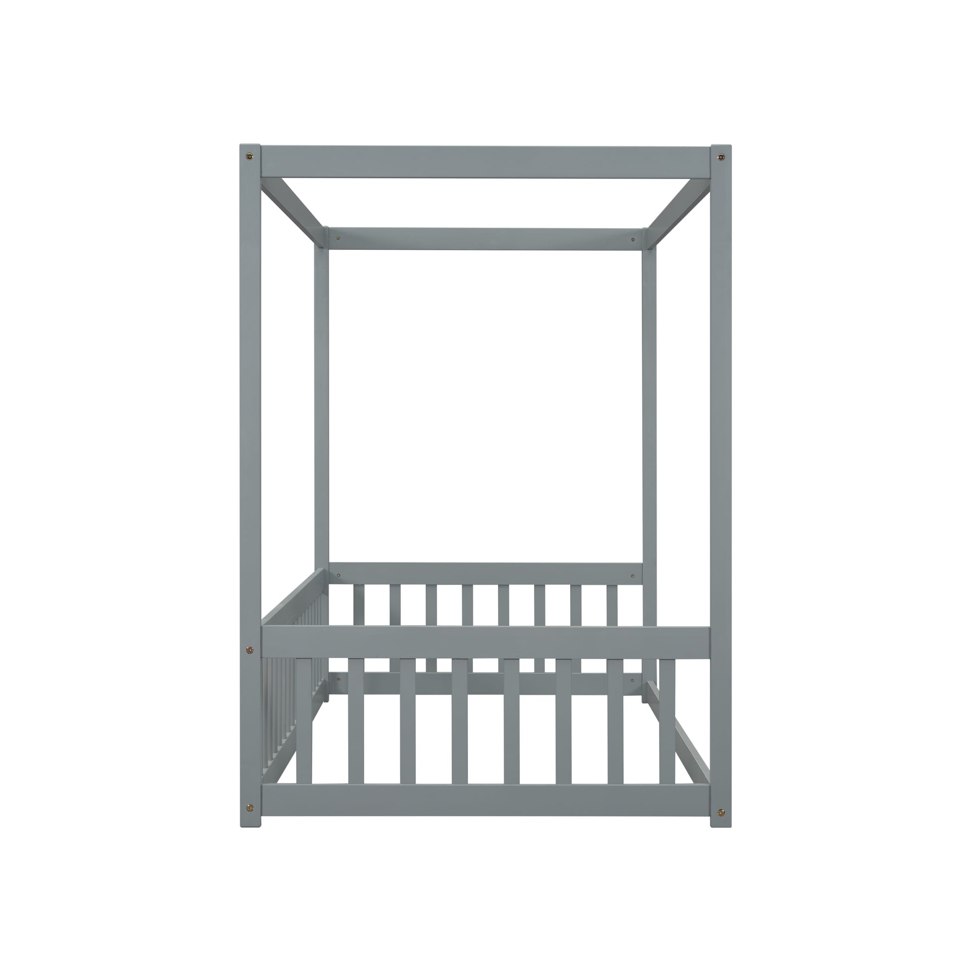 Gray wooden canopy bed frame with slatted sides and posts