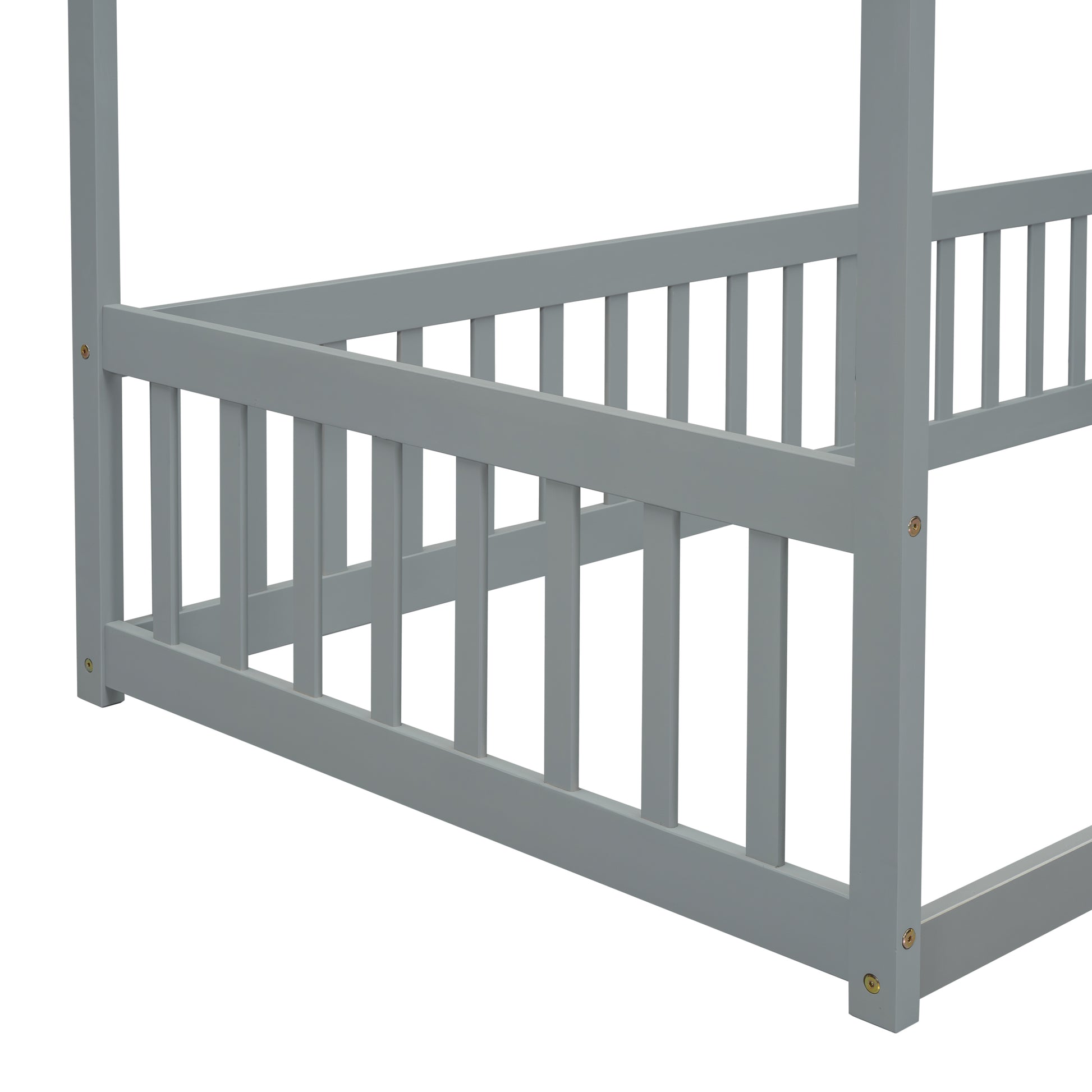 Gray wooden toddler bed frame with safety rails