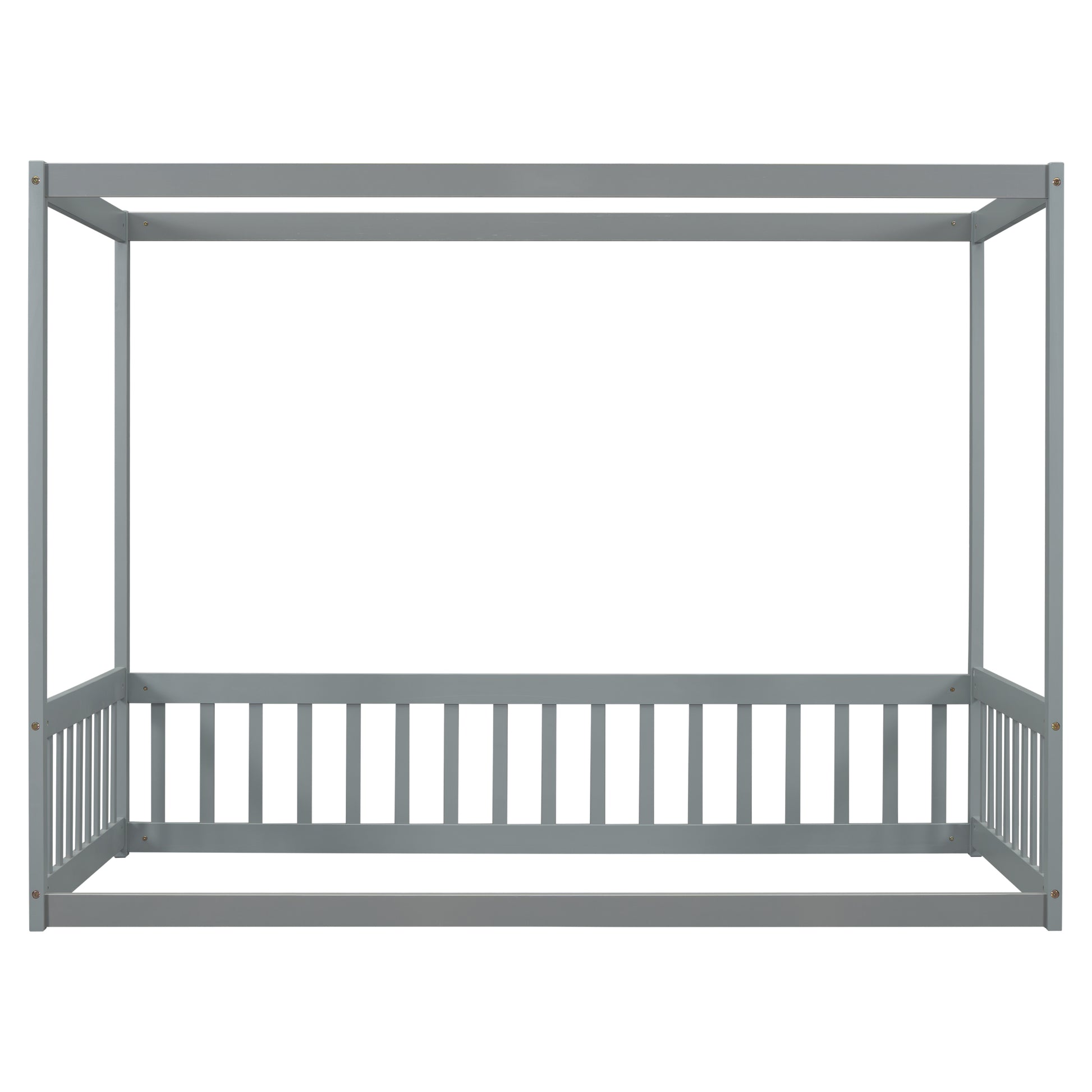 Gray wooden canopy bed frame with slatted side rails