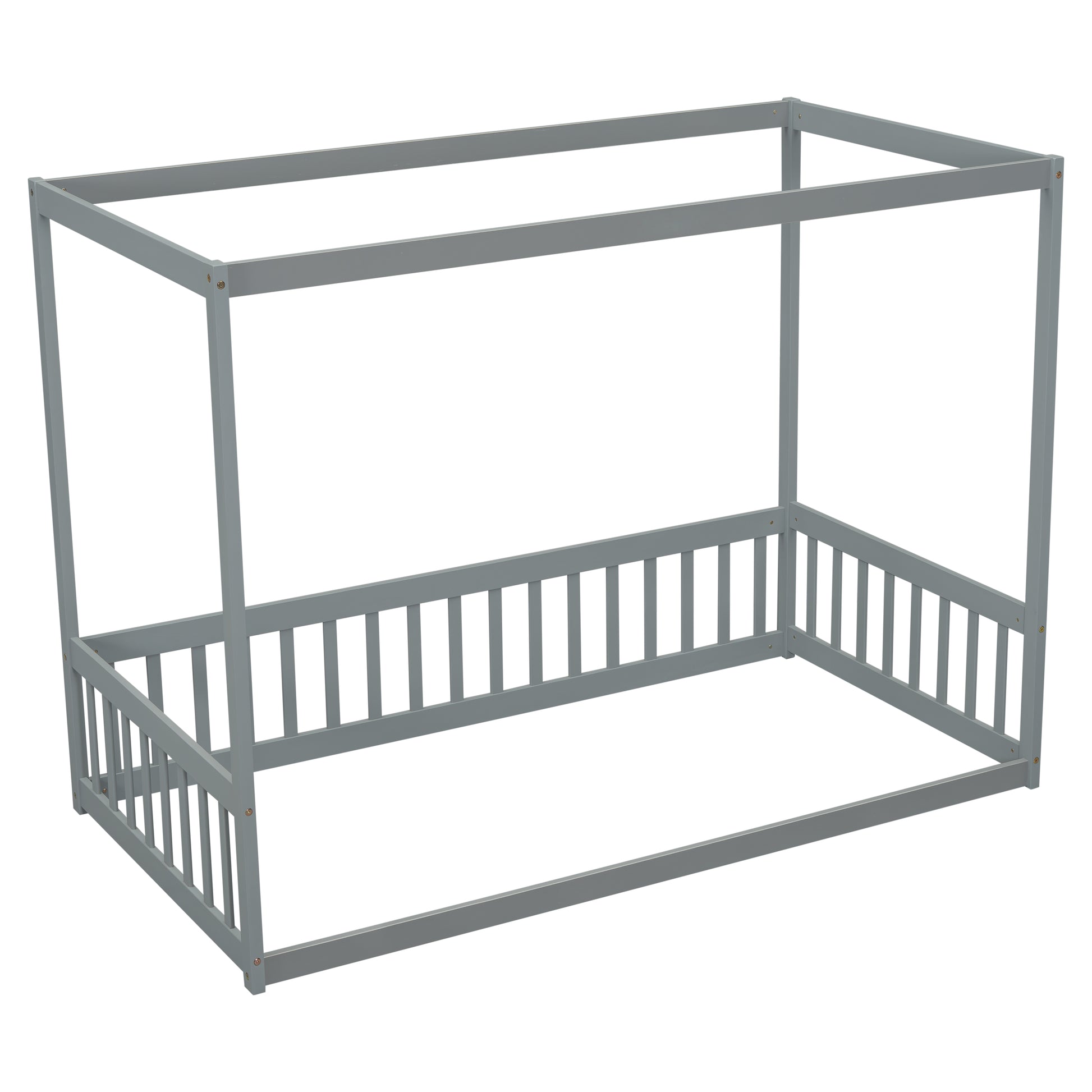Grey wooden canopy bed frame with slatted sides