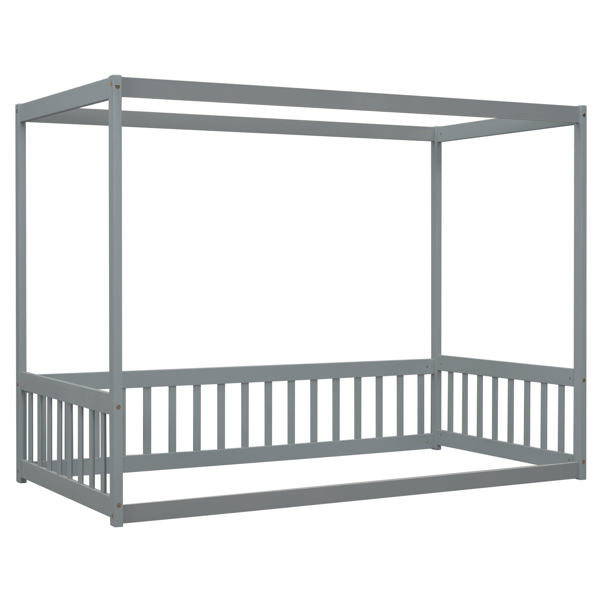 Gray wooden canopy bed frame with railings