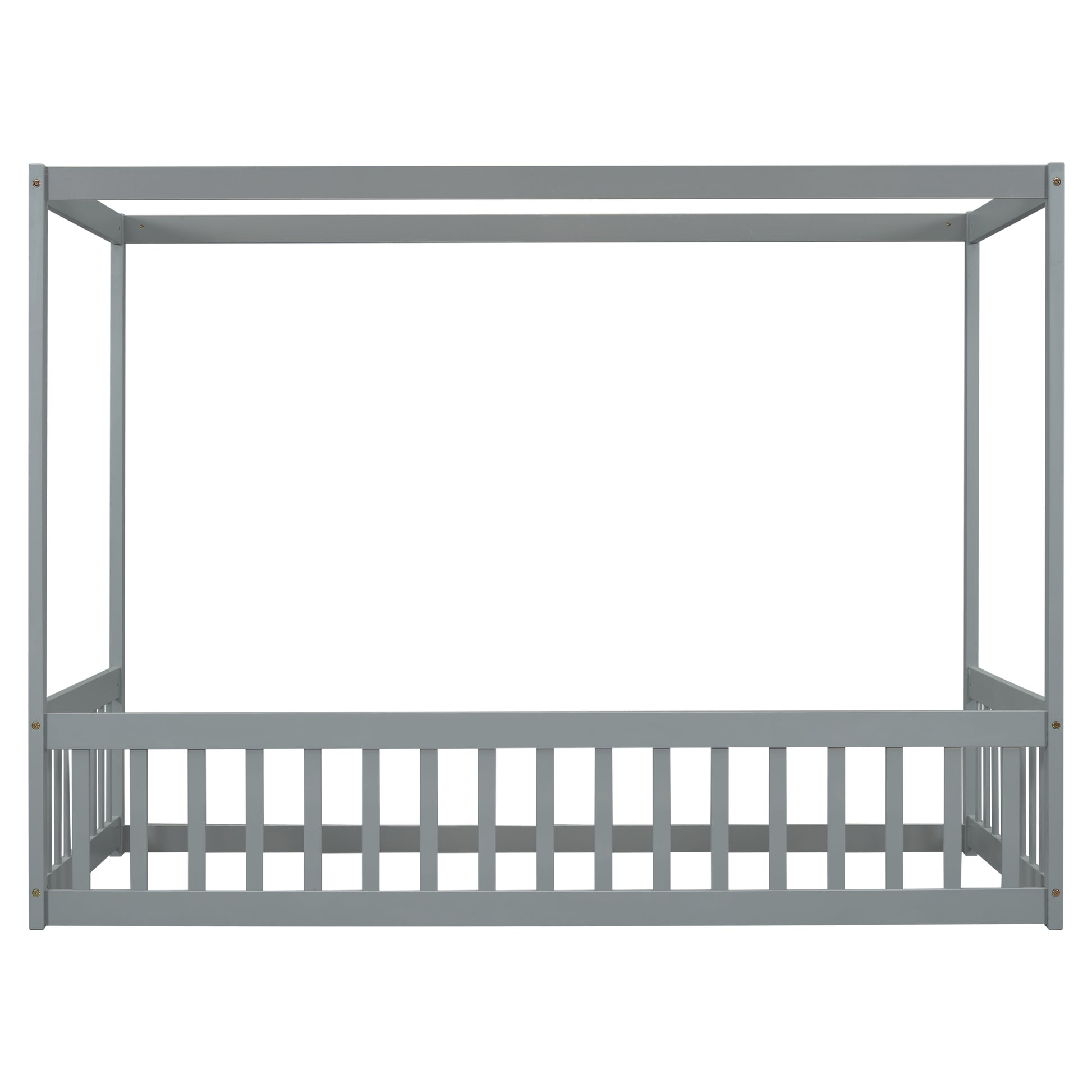 Gray wooden canopy bed frame with slatted headboard detail modern minimalist design