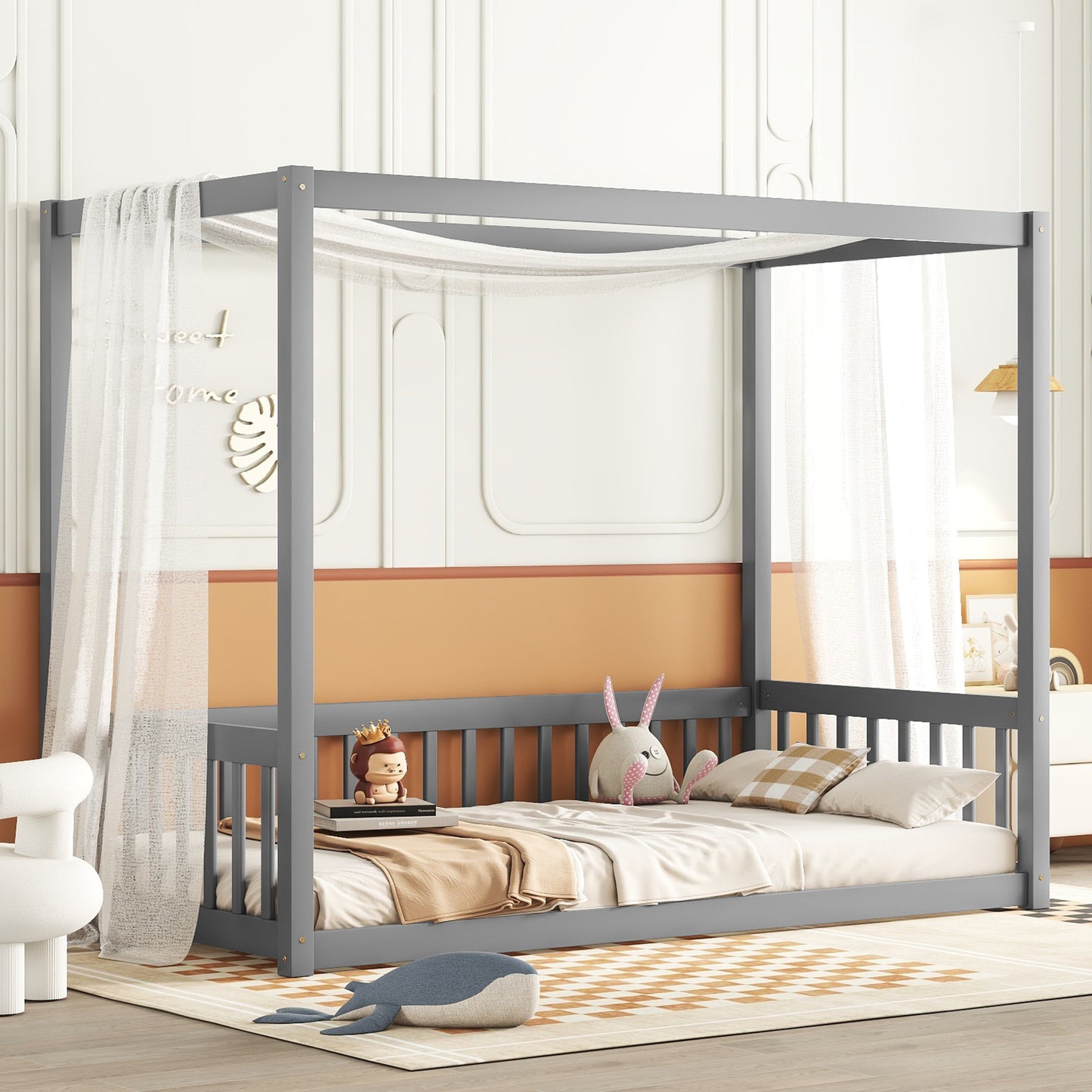 Gray wooden canopy bed with sheer curtains ideal for childrens bedrooms
