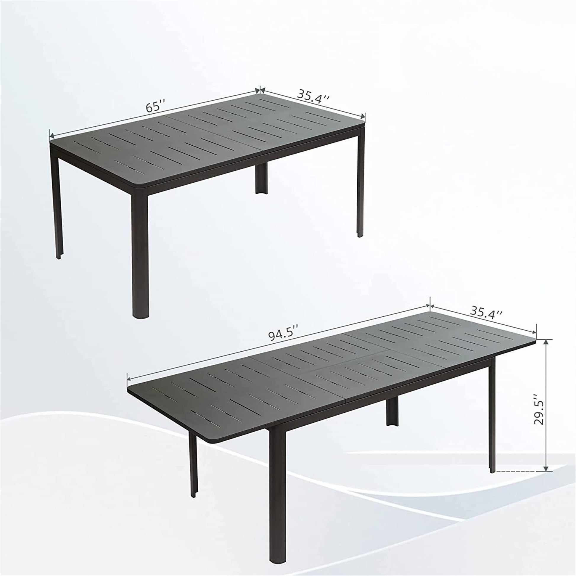 Gray metal patio dining table  L x  W slatted tabletop modern design
