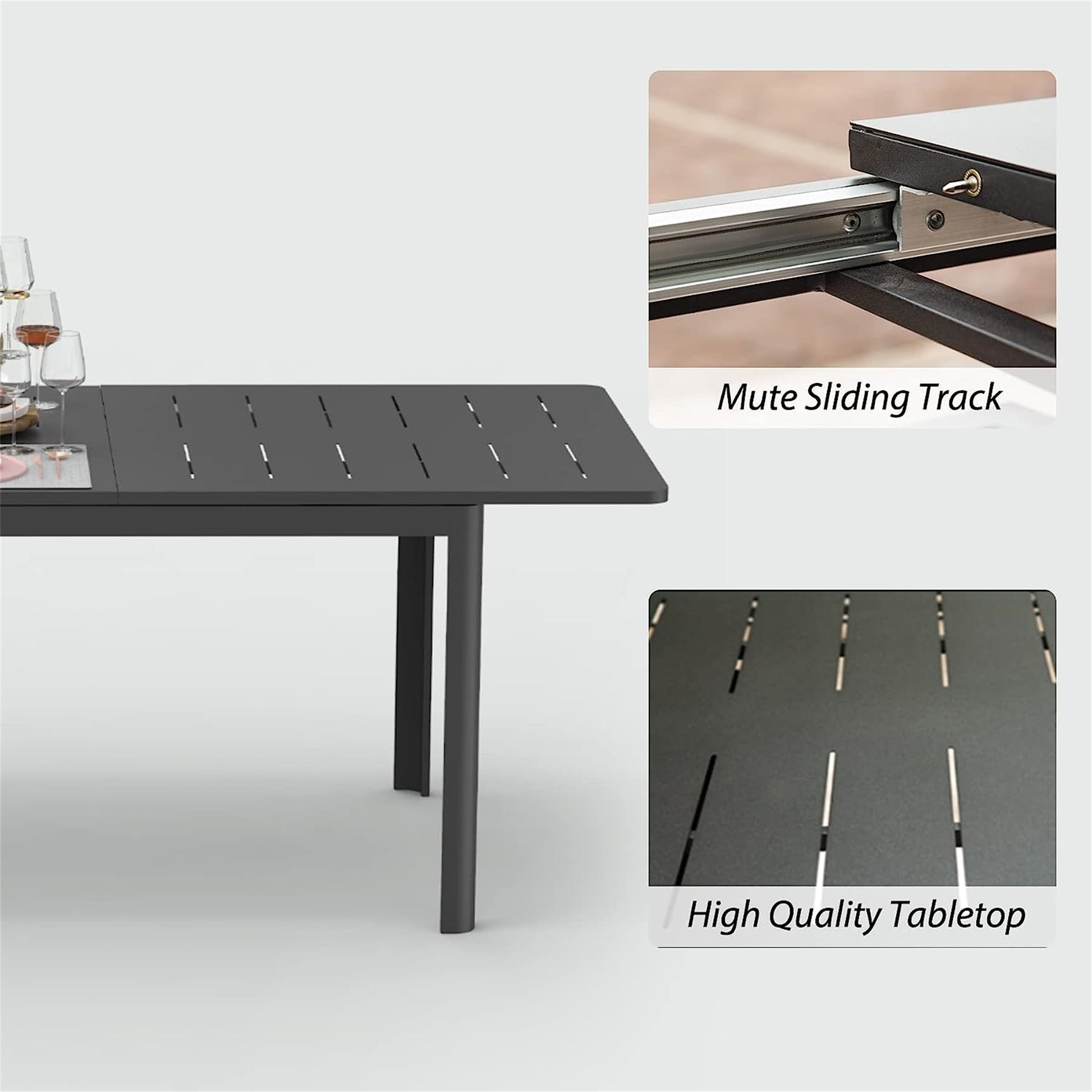 Modern dark grey aluminum patio dining table with slotted top and extendable leaf