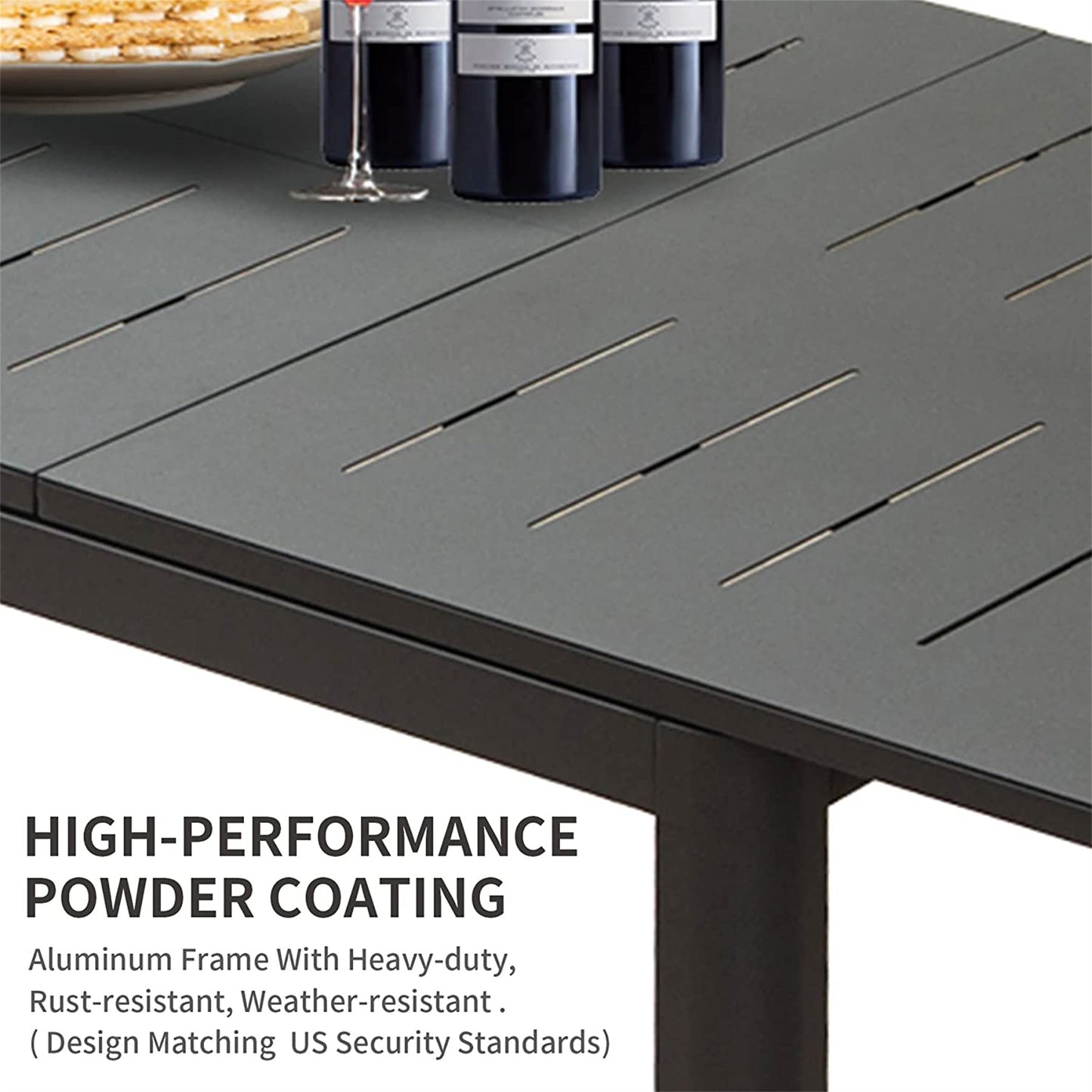 Modern slate gray aluminum patio table with slatted design and a text overlay