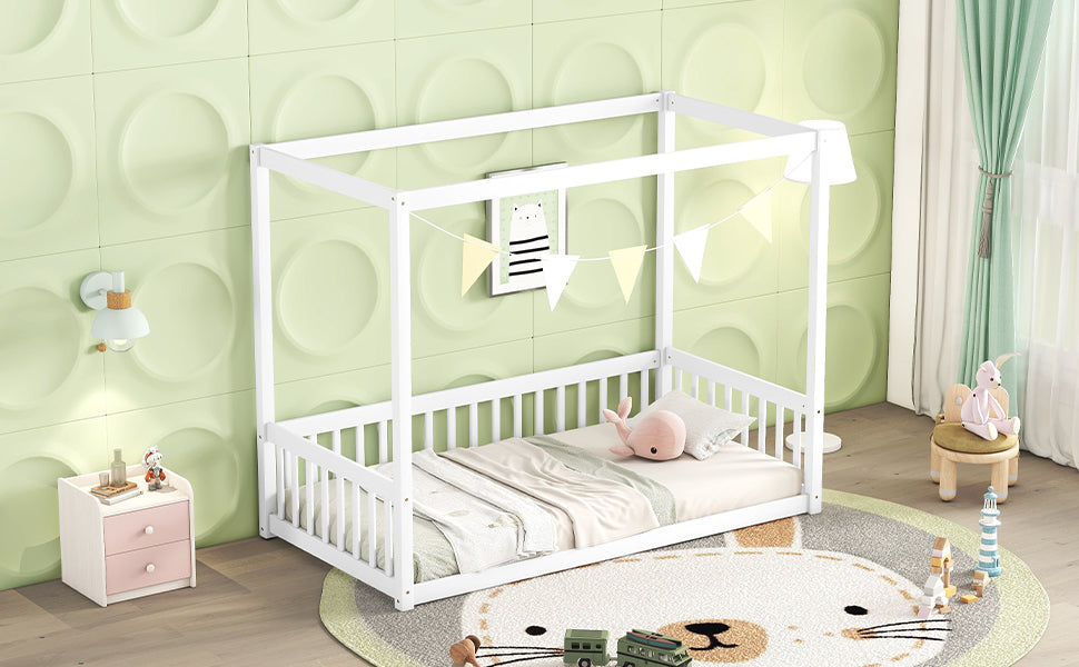 White wood canopy bed frame with slatted sides and bedding