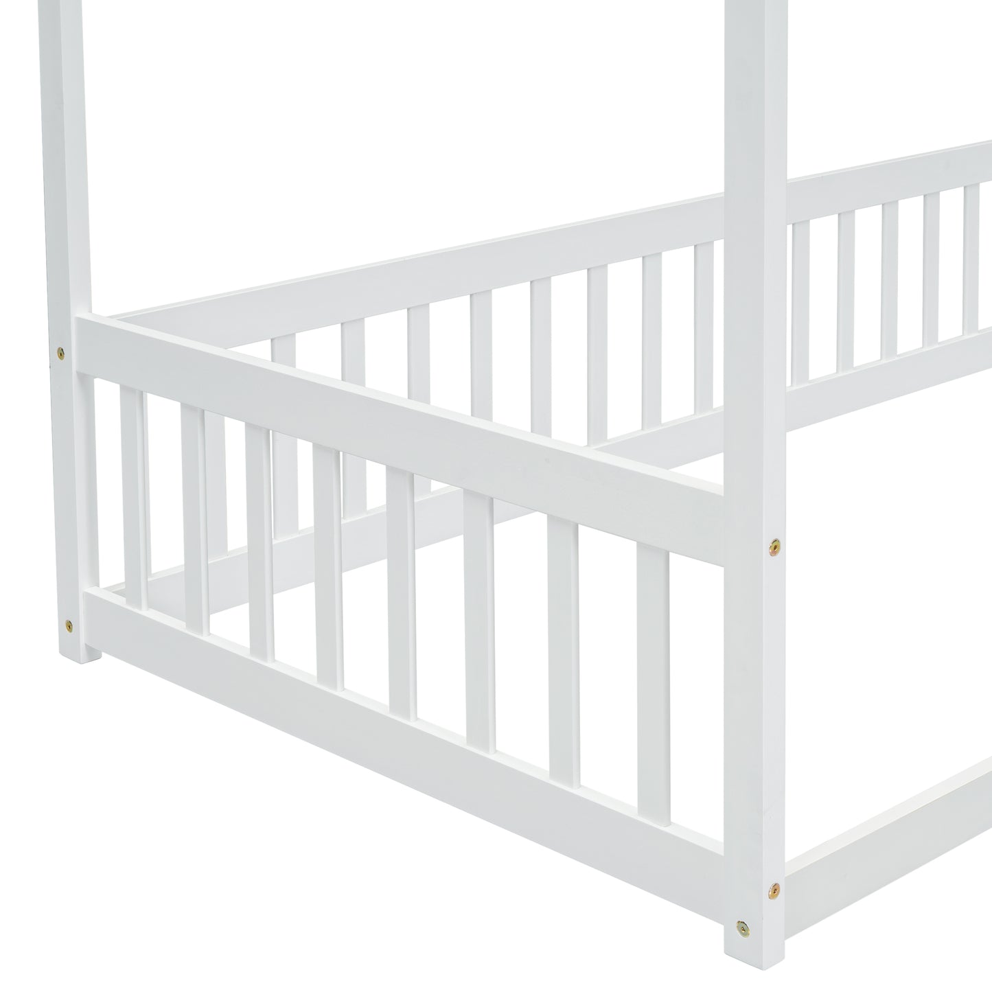 White wooden toddler bed frame with guardrails