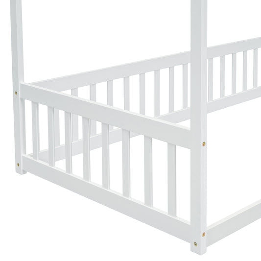 White wooden toddler bed frame with guardrails