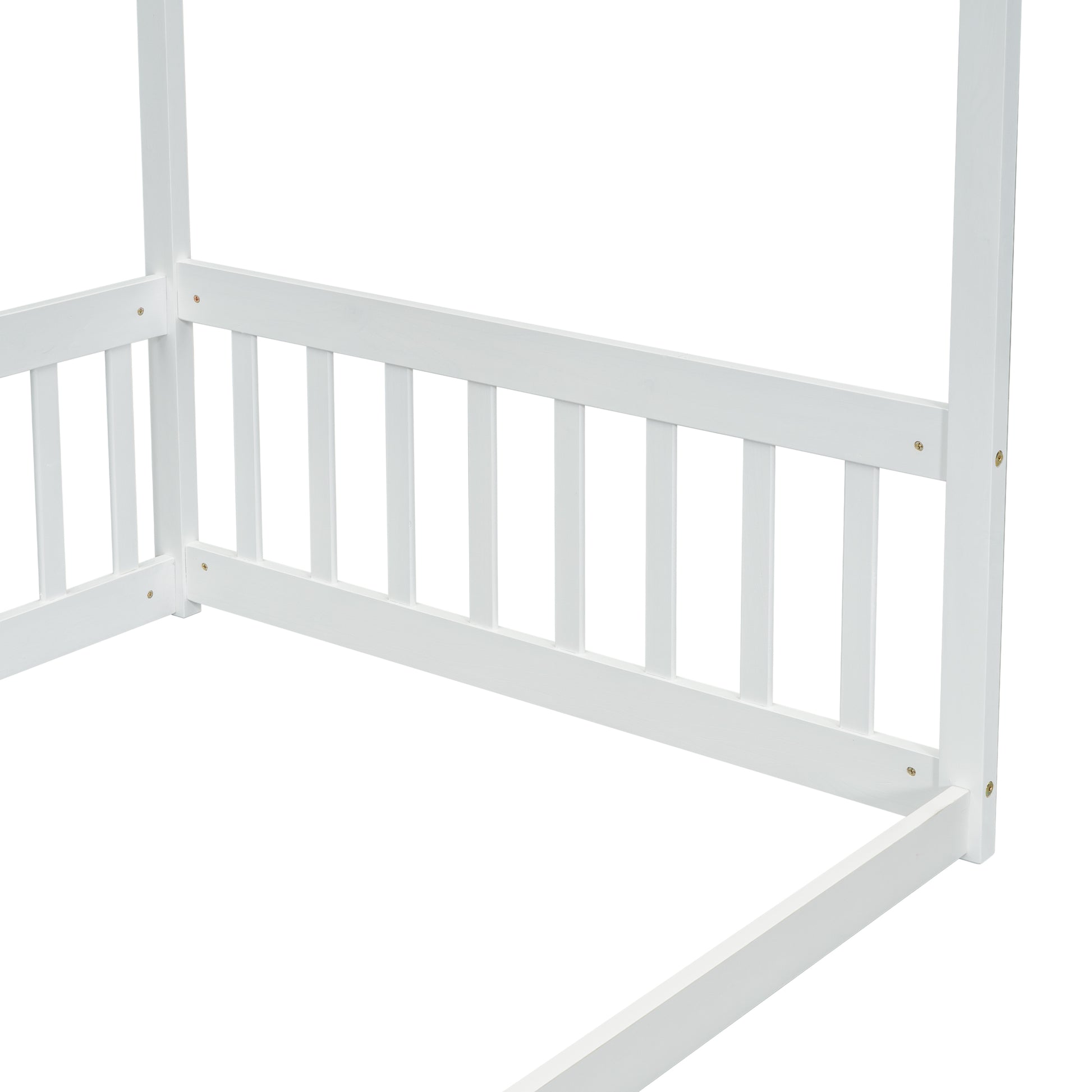 White wooden canopy bed frame with vertical slats