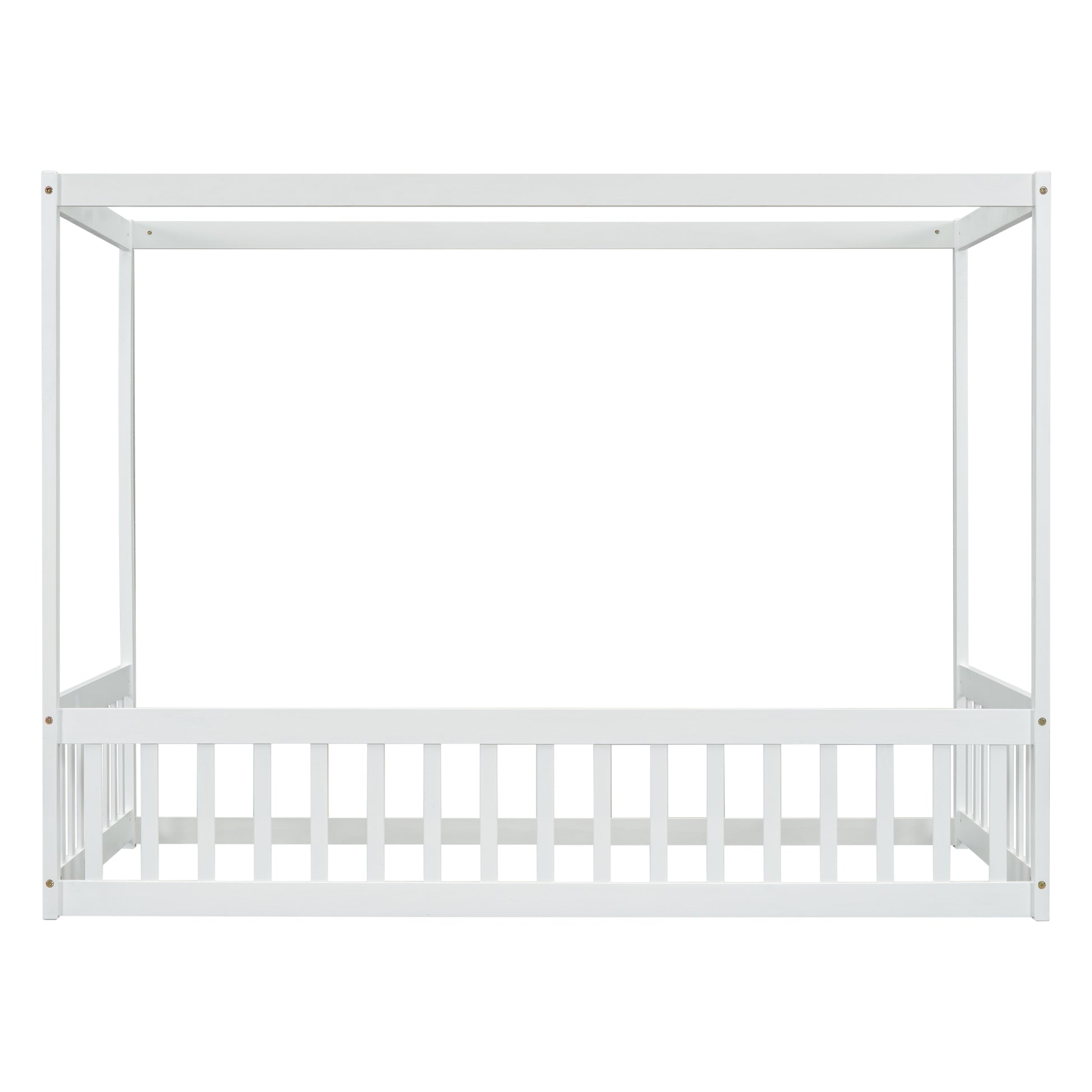 White wooden four poster bed frame with slatted headboard