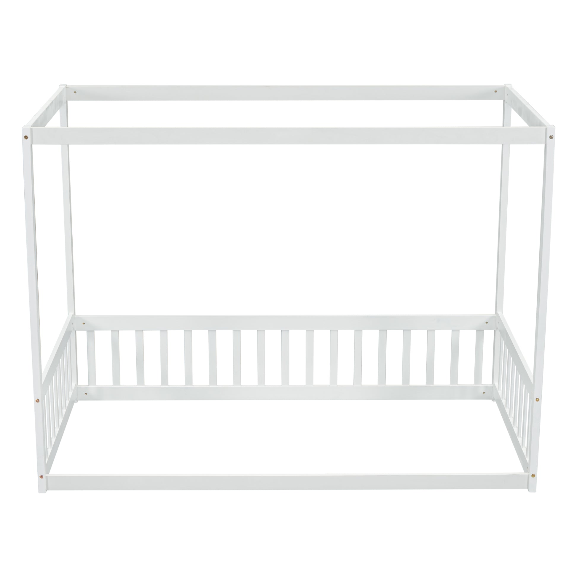 White wooden twin canopy bed frame with slatted sides