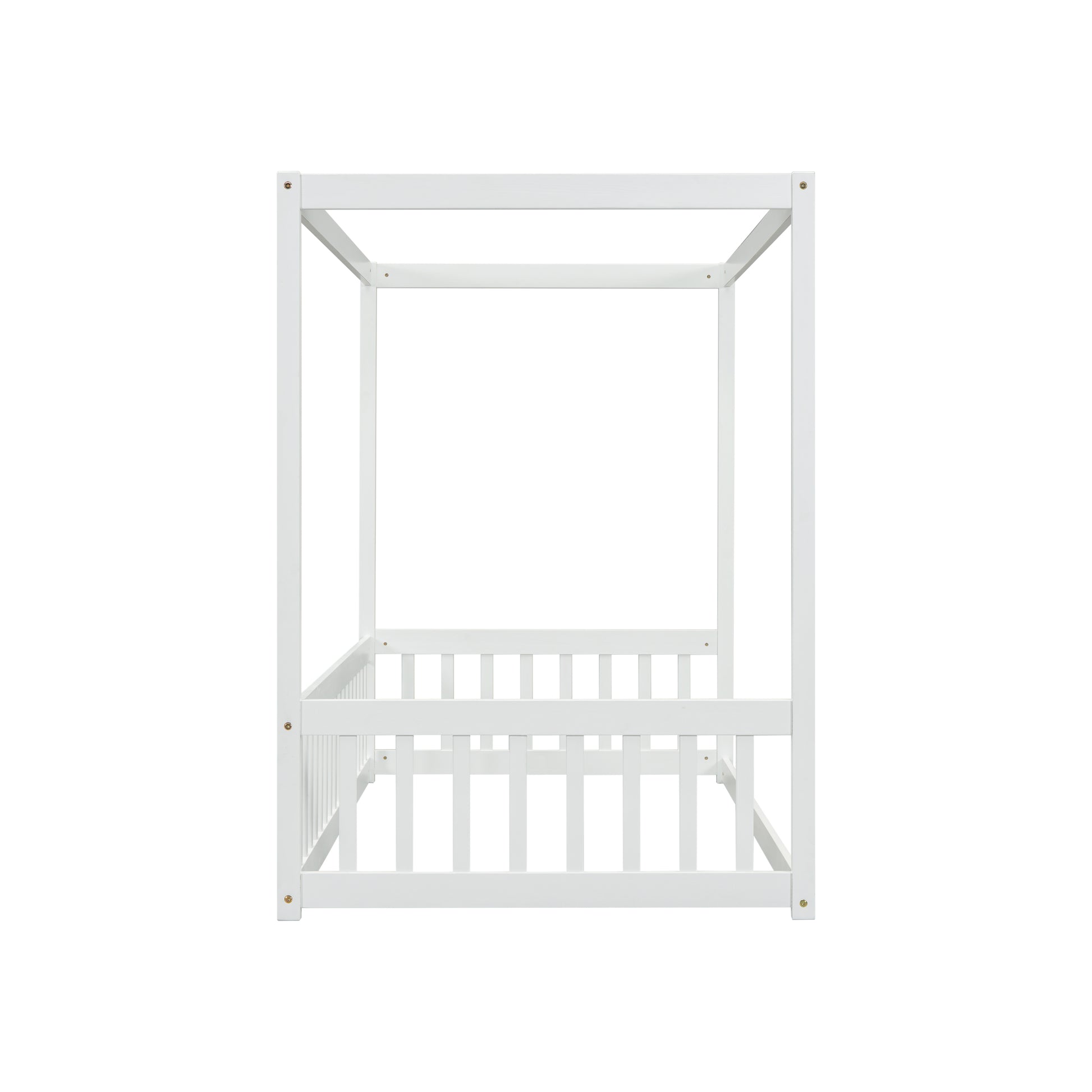 White wooden canopy bed frame with slatted sides for children