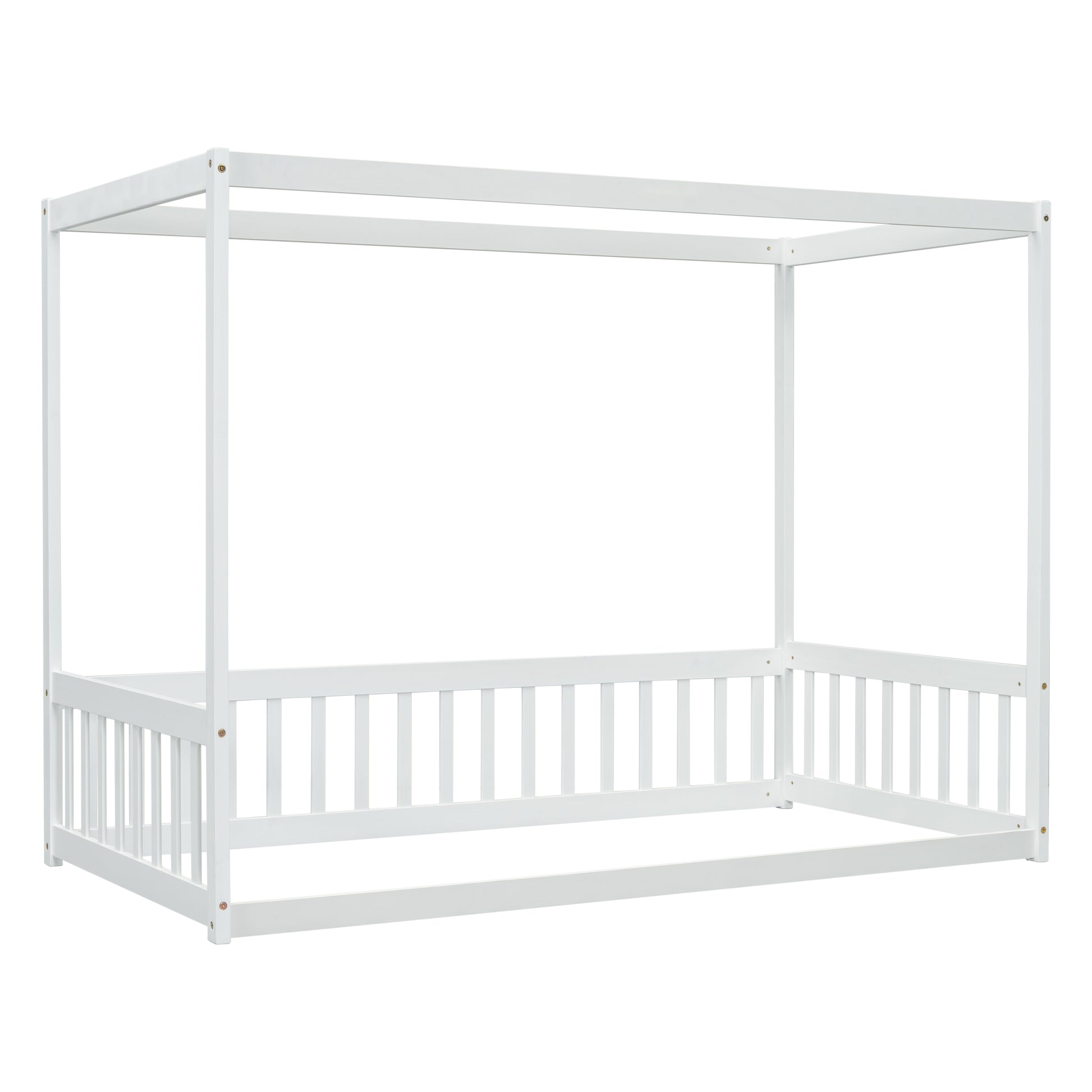 White wooden fourposter bed frame with slatted sides