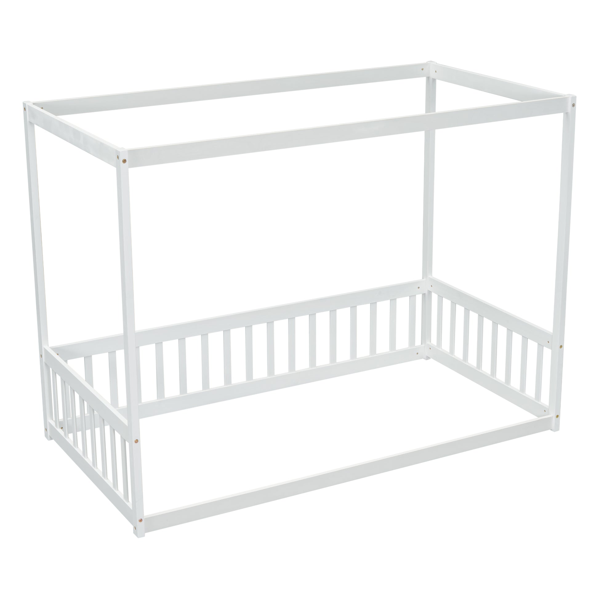 White wooden canopy bed frame with slatted sides