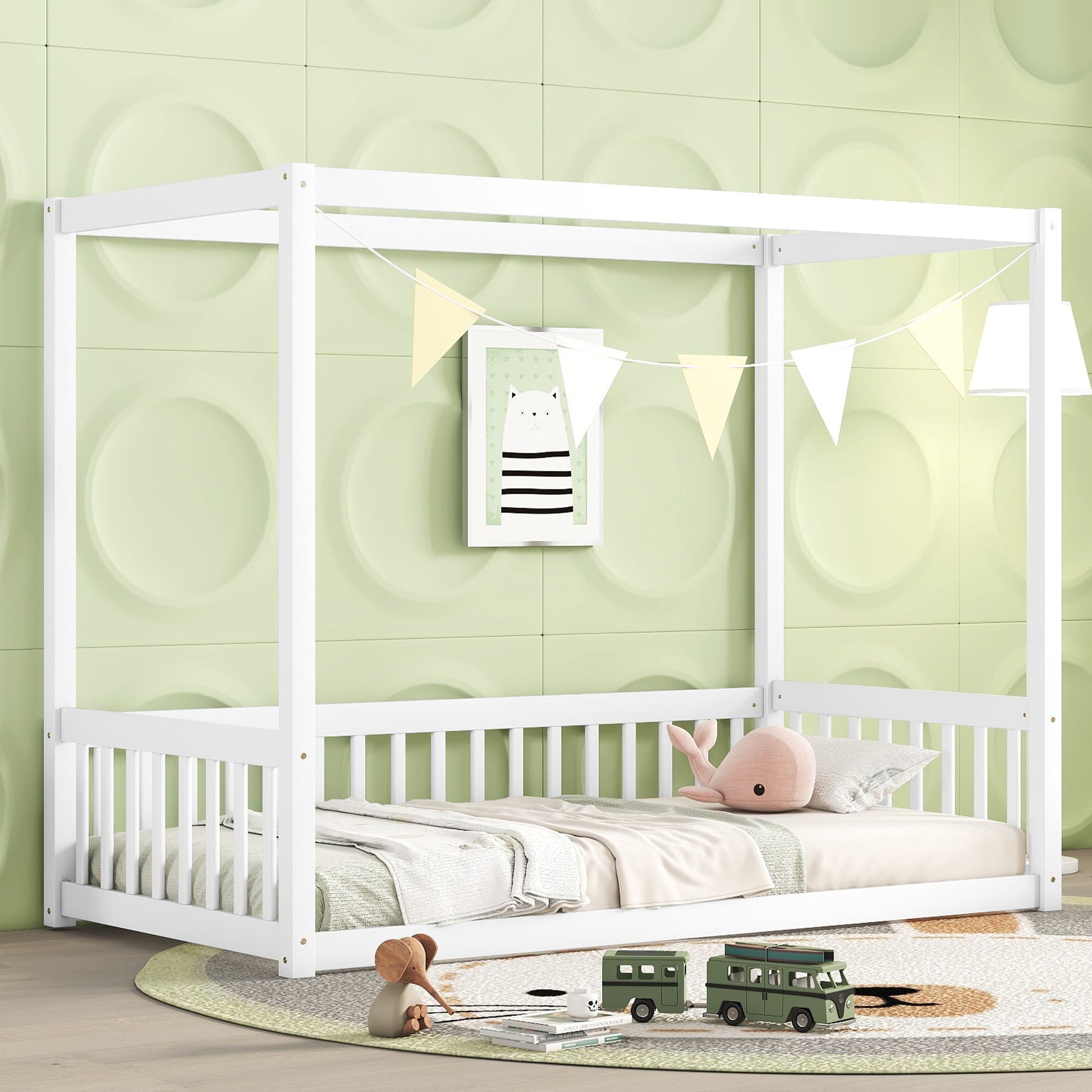 White wooden canopy bed frame with slatted sides ideal for nursery